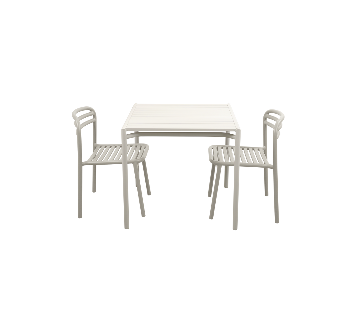 Cane-line Bliss Dining Set, square table with 2 side chairs in Sand, powder-coated aluminum