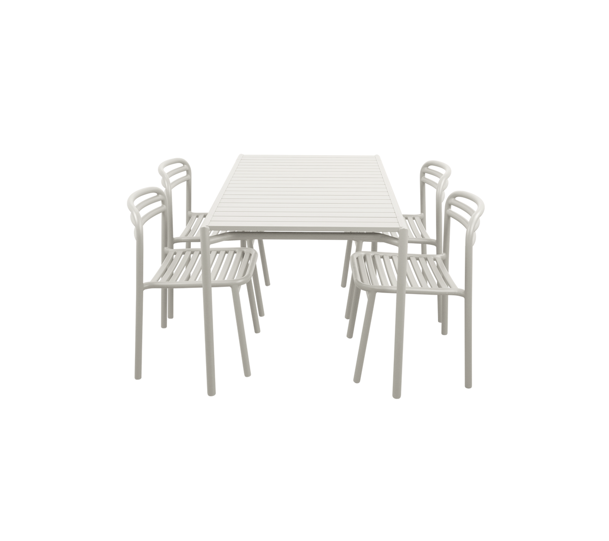 Cane-line Bliss Dining Set, rectangular table with 4 side chairs in Sand, powder-coated aluminum