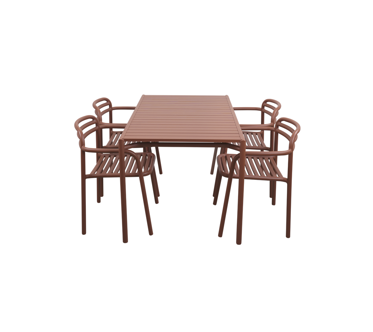 Cane-line Bliss Dining Set, rectangular table with 4 armchairs in Desert Red, powder-coated aluminum