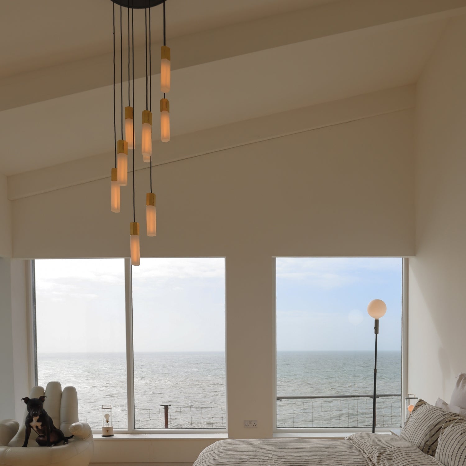 Basalt Nine Pendant by Tala in Brass, underside view of the sand-blasted glass bulbs