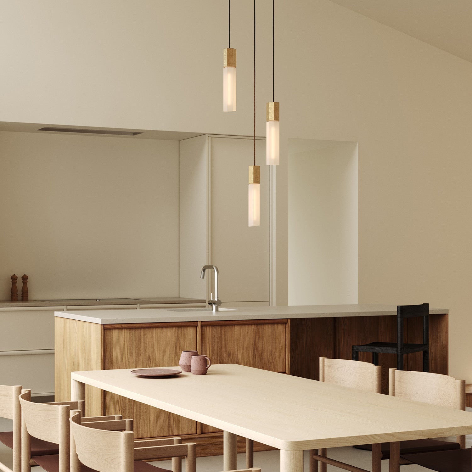 Basalt Triple Pendant by Tala in Brass, underside view of the glass bulbs