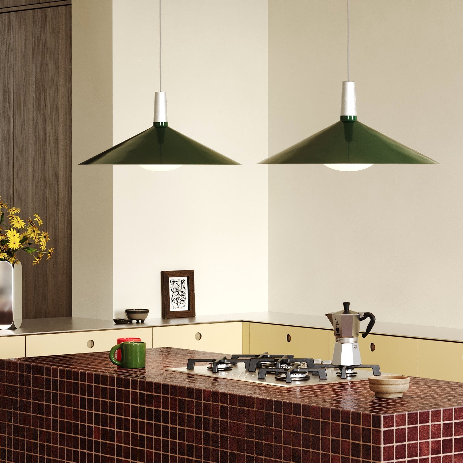 Bower Pendant Light Large by Tala in Dark Green, close-up of the canopy and cord