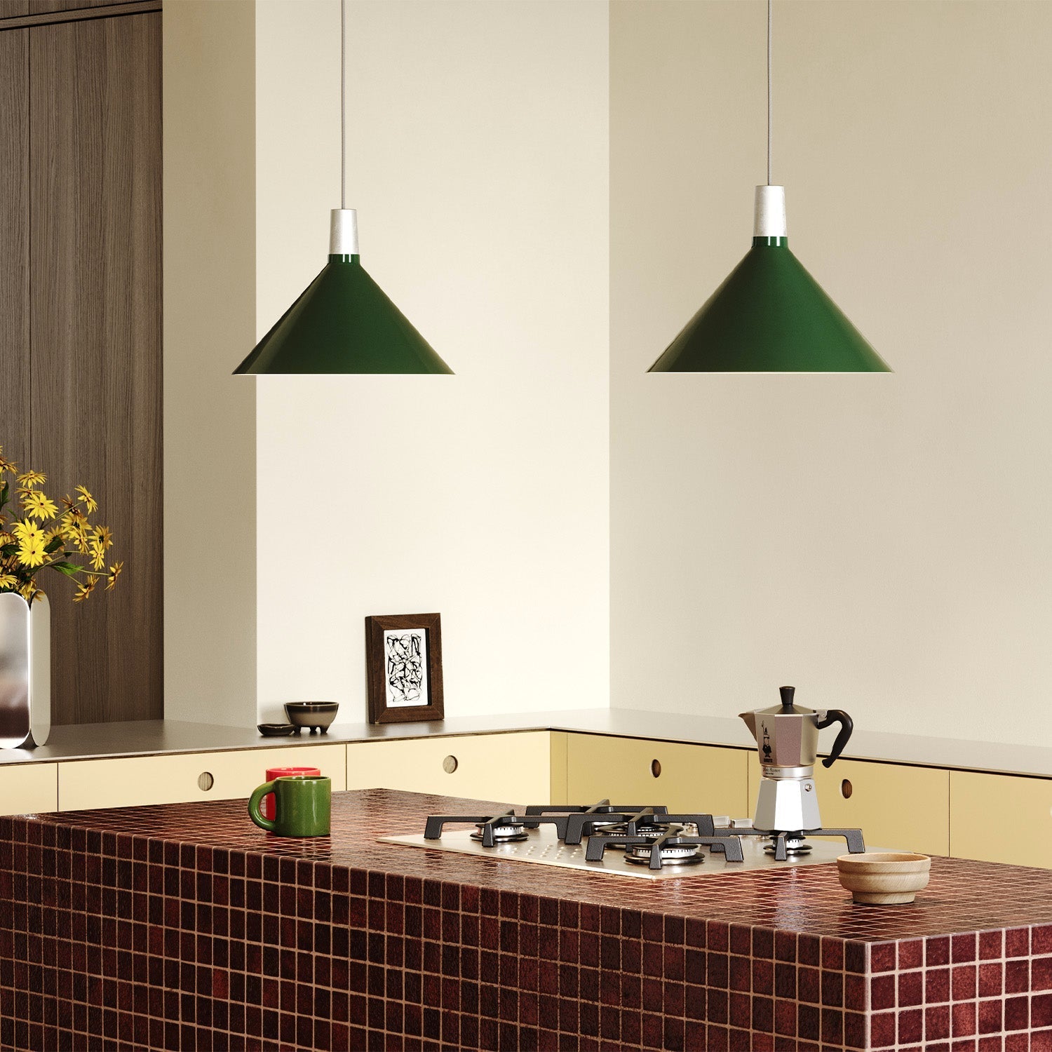 Tala Bower Pendant Light, Medium, in Dark Green + Sphere IV — angled view