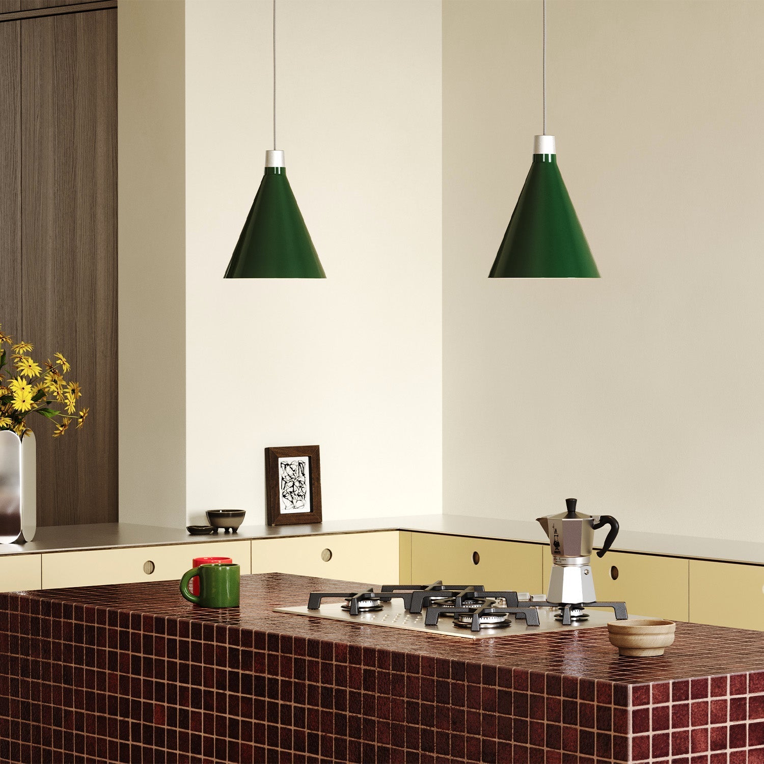 Tala Bower pendant light, small, Dark Green anodised aluminium shade — angled view