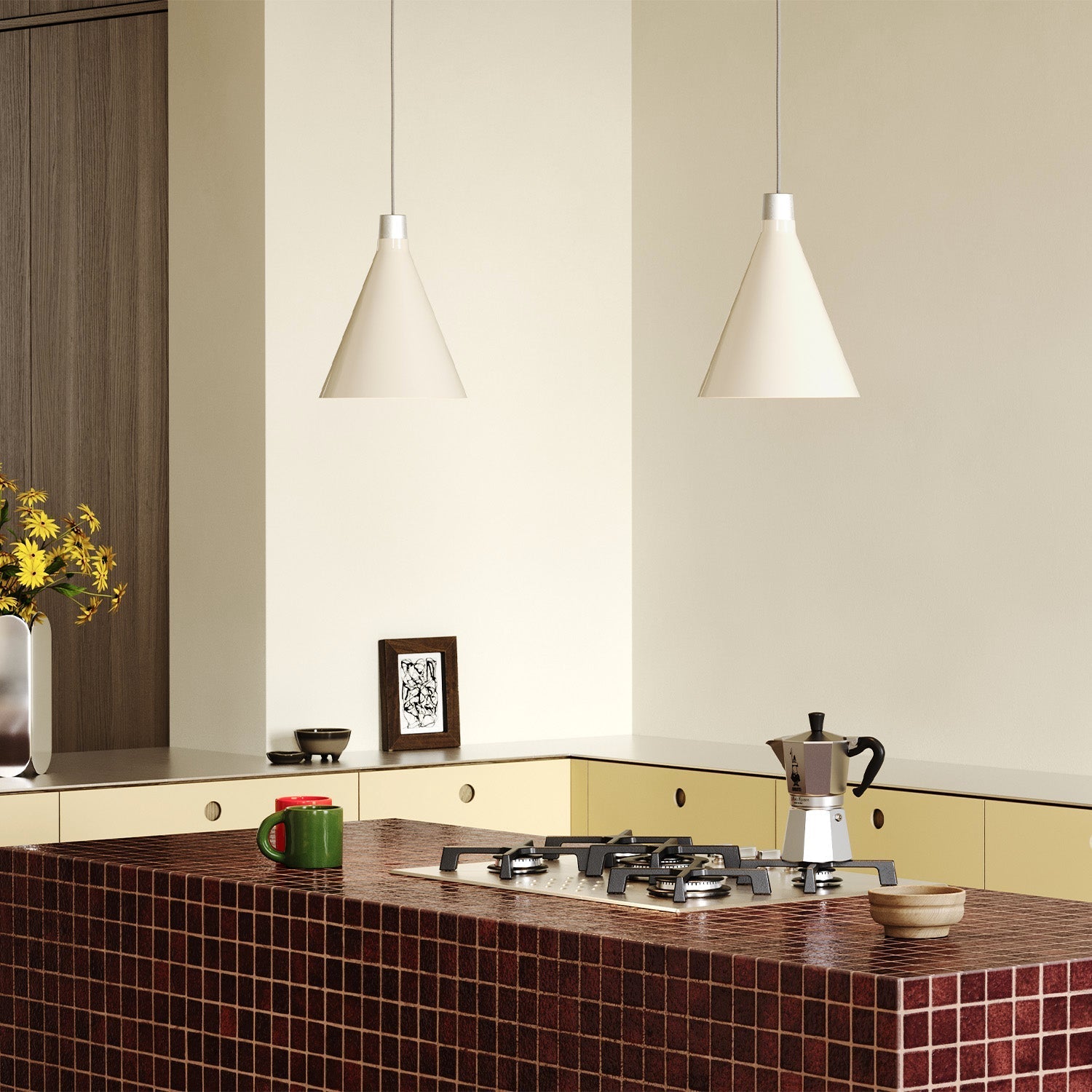 Tala Bower pendant light, small, Oyster White + Sphere III — angled view