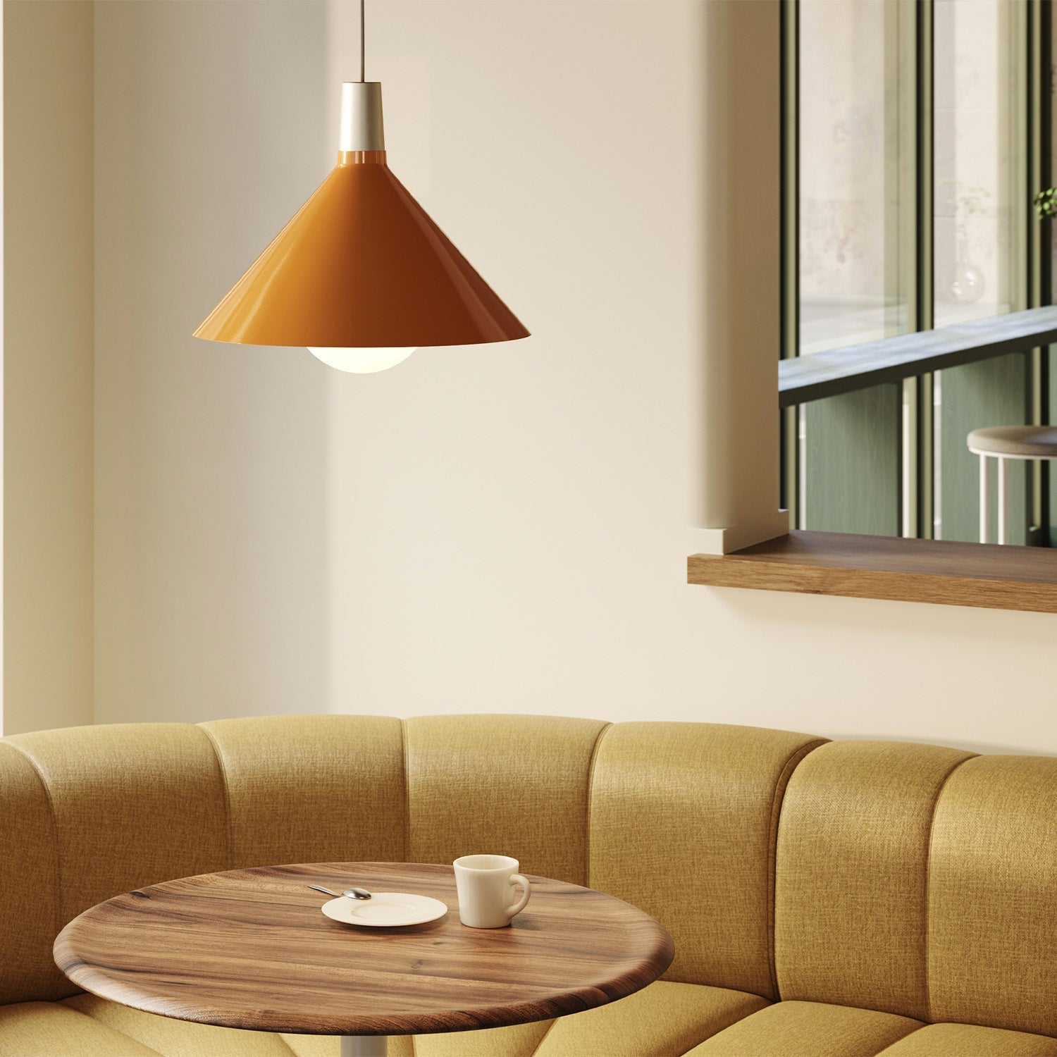 Tala Bower pendant light, medium, Yellow anodised aluminium shade — angled view
