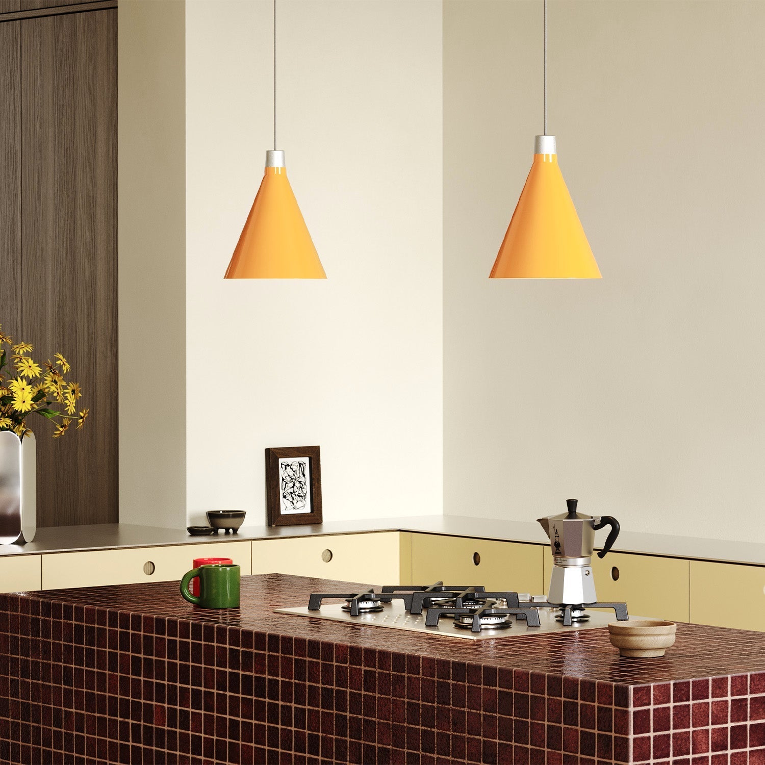 Tala Bower pendant light, small, Yellow + Sphere III — angled view