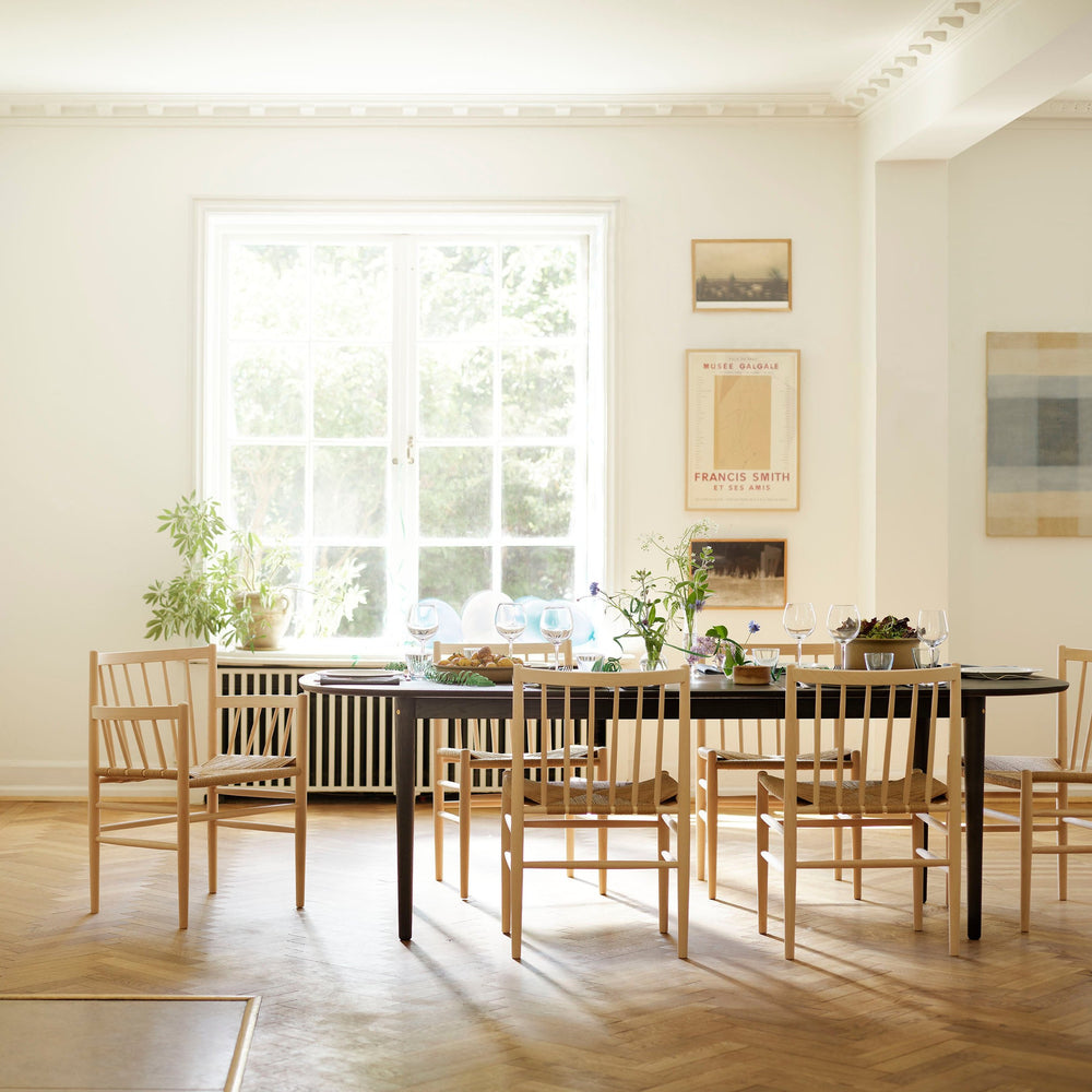 FDB Møbler C63E2TIL Bjørk Dining table With 2 Extension Leaf in black-stained solid oak