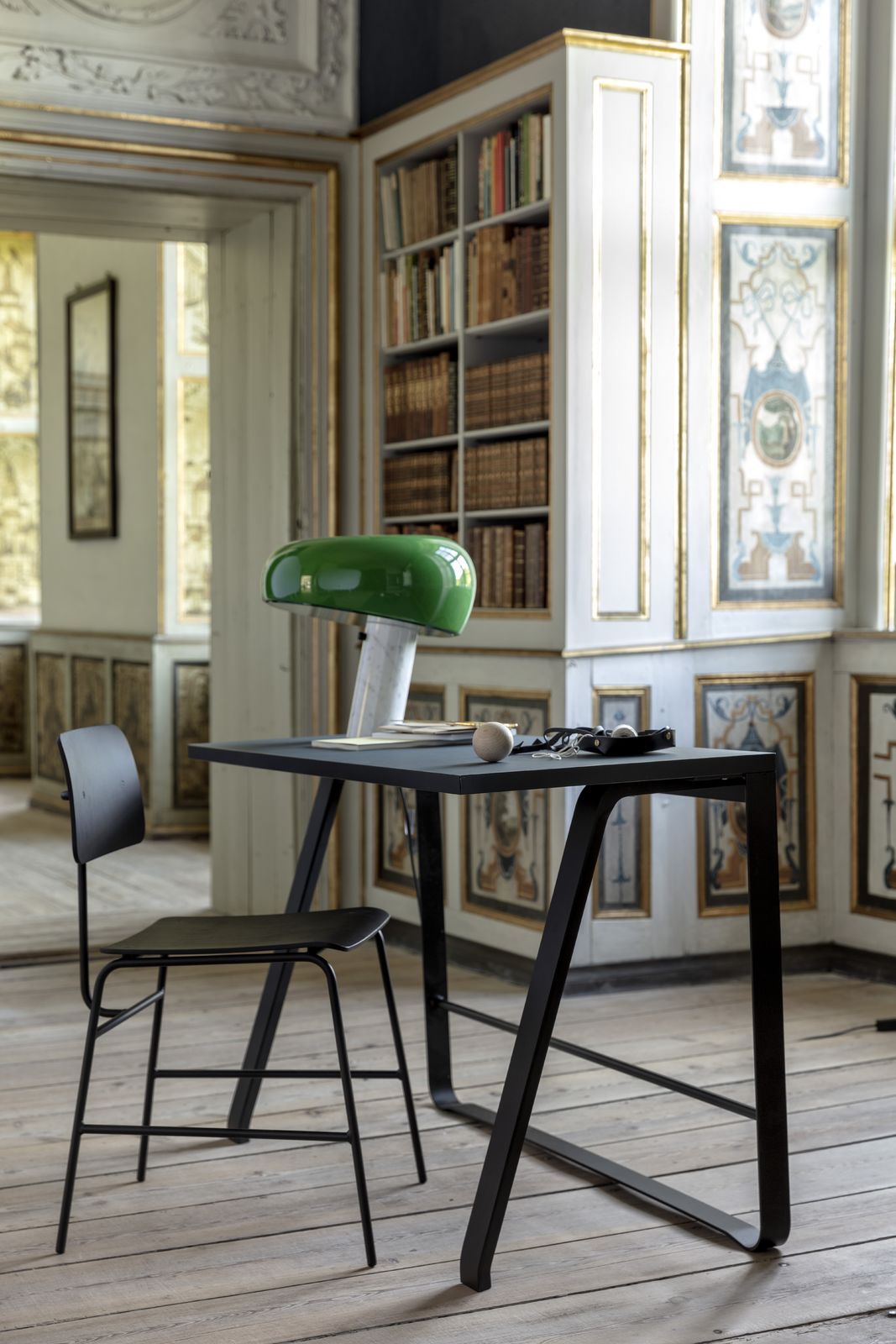 Bent Hansen Hemingway Desk in black linoleum, black legs, styled in an interior setting, beech and steel