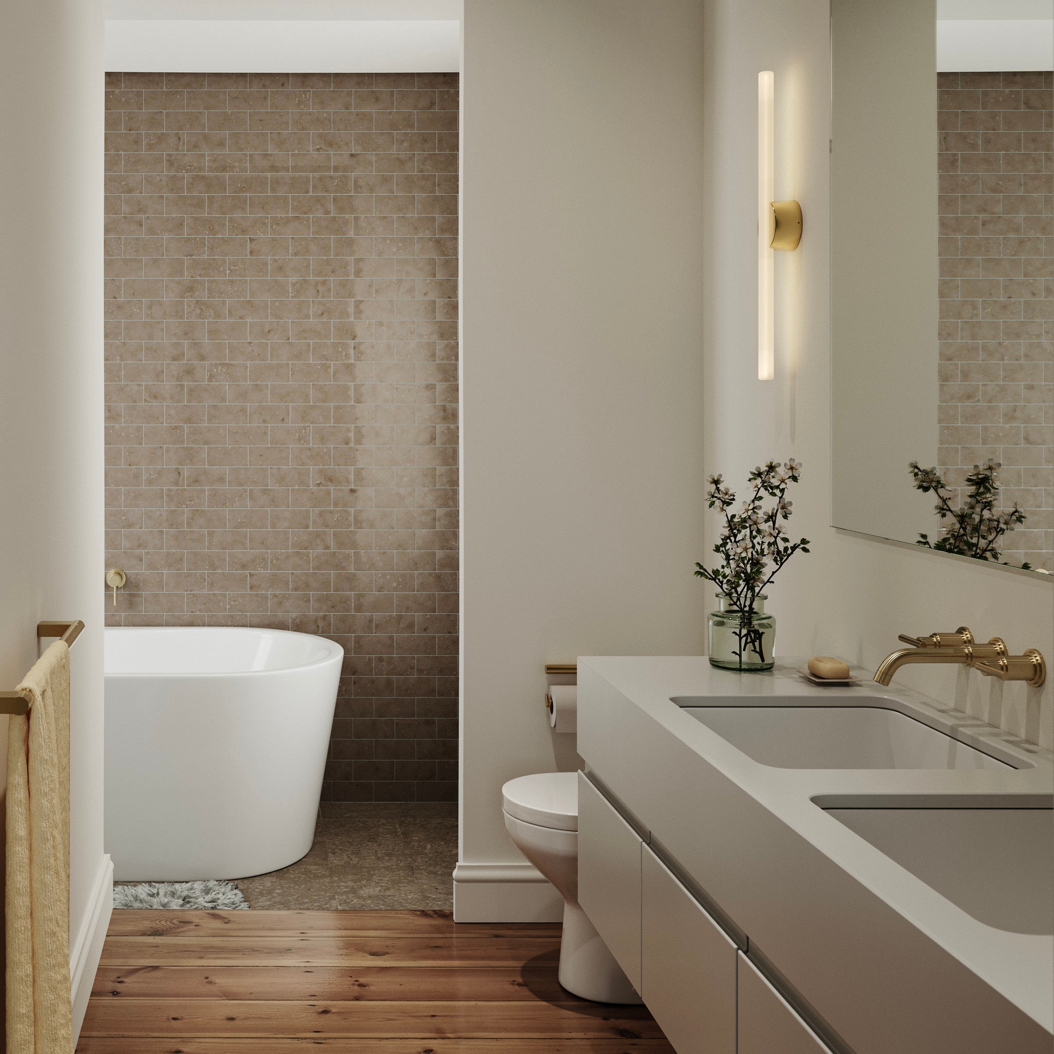 Kilter 1.0 Wall Light in Solid Brass, large size, 2700K bathroom lifestyle