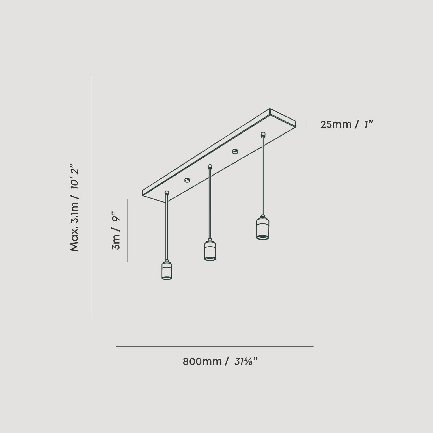 Tala Linear Triple Pendant in Brass, dimension drawing showing canopy and cord measurements