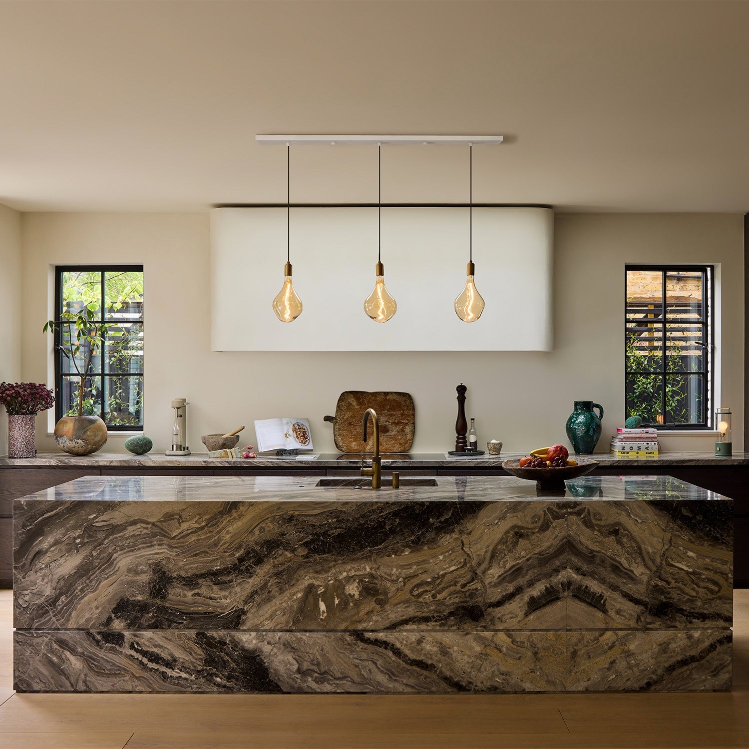 Tala Linear Triple Pendant in Brass with Voronoi II bulbs, product photo