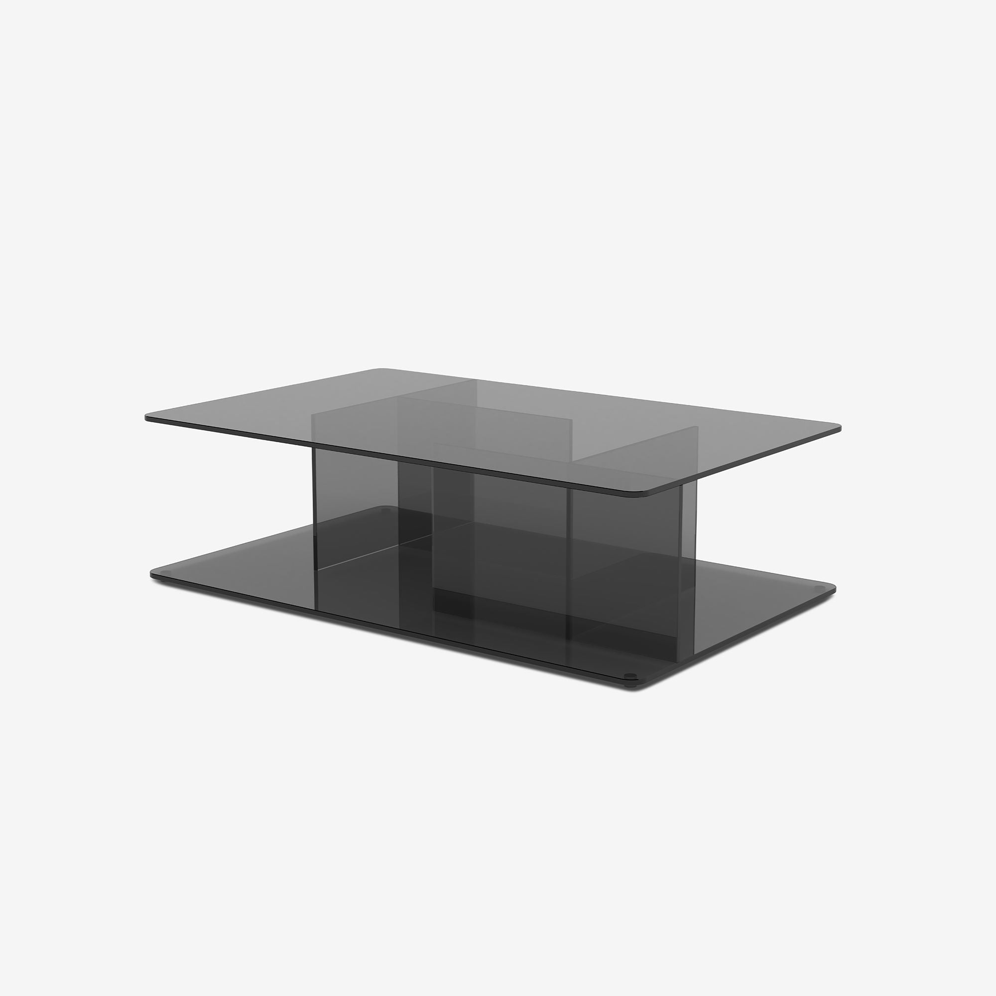 Case Lucent coffee table in smoke tempered glass, designed by Matthew Hilton.