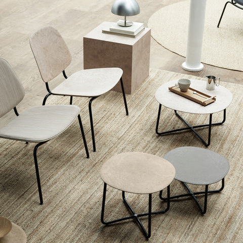 Mater Lily Lounge Table and Lily side tables styled with Compound lounge chairs, Matek recycled composite