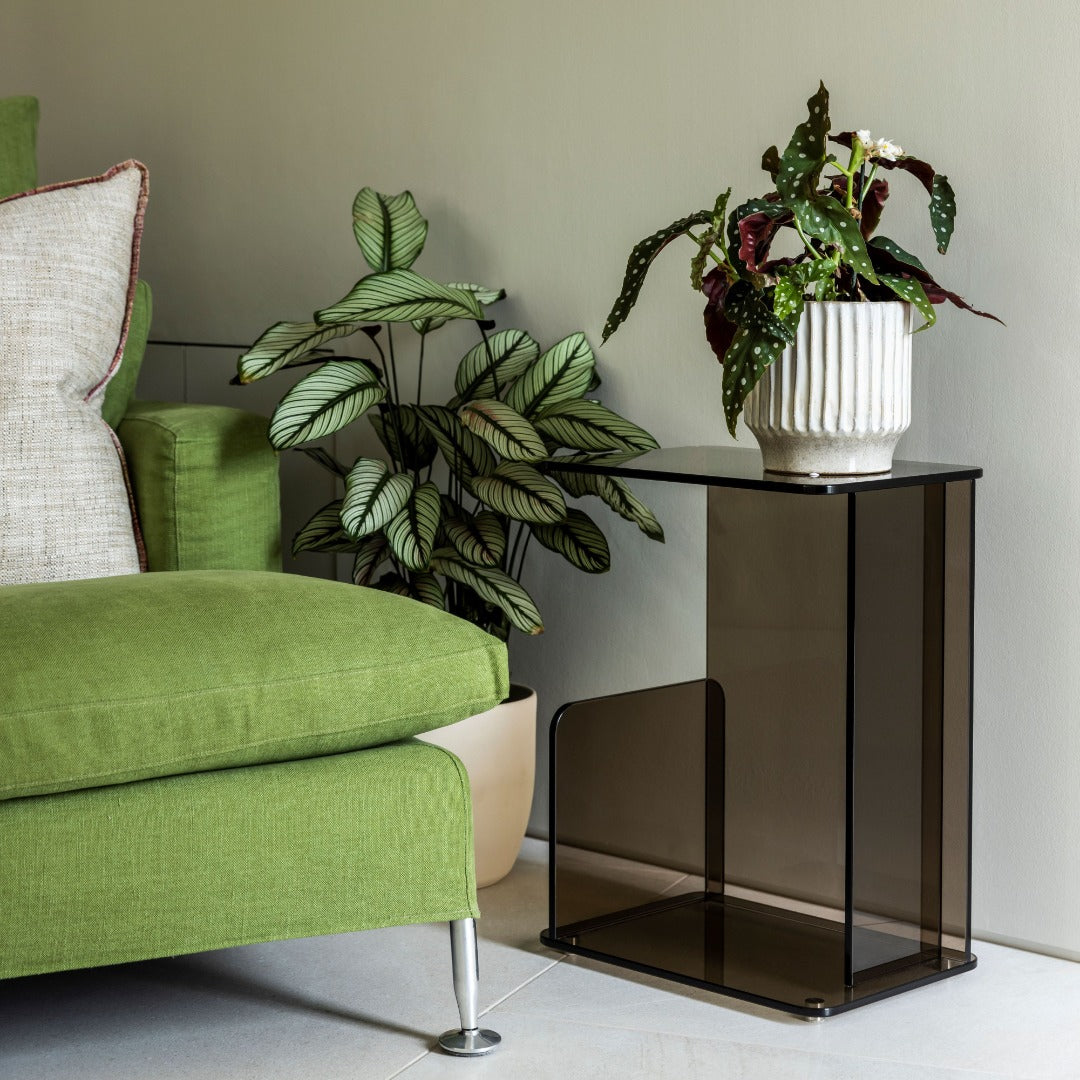 Lucent Small Side Table styled beside sofa