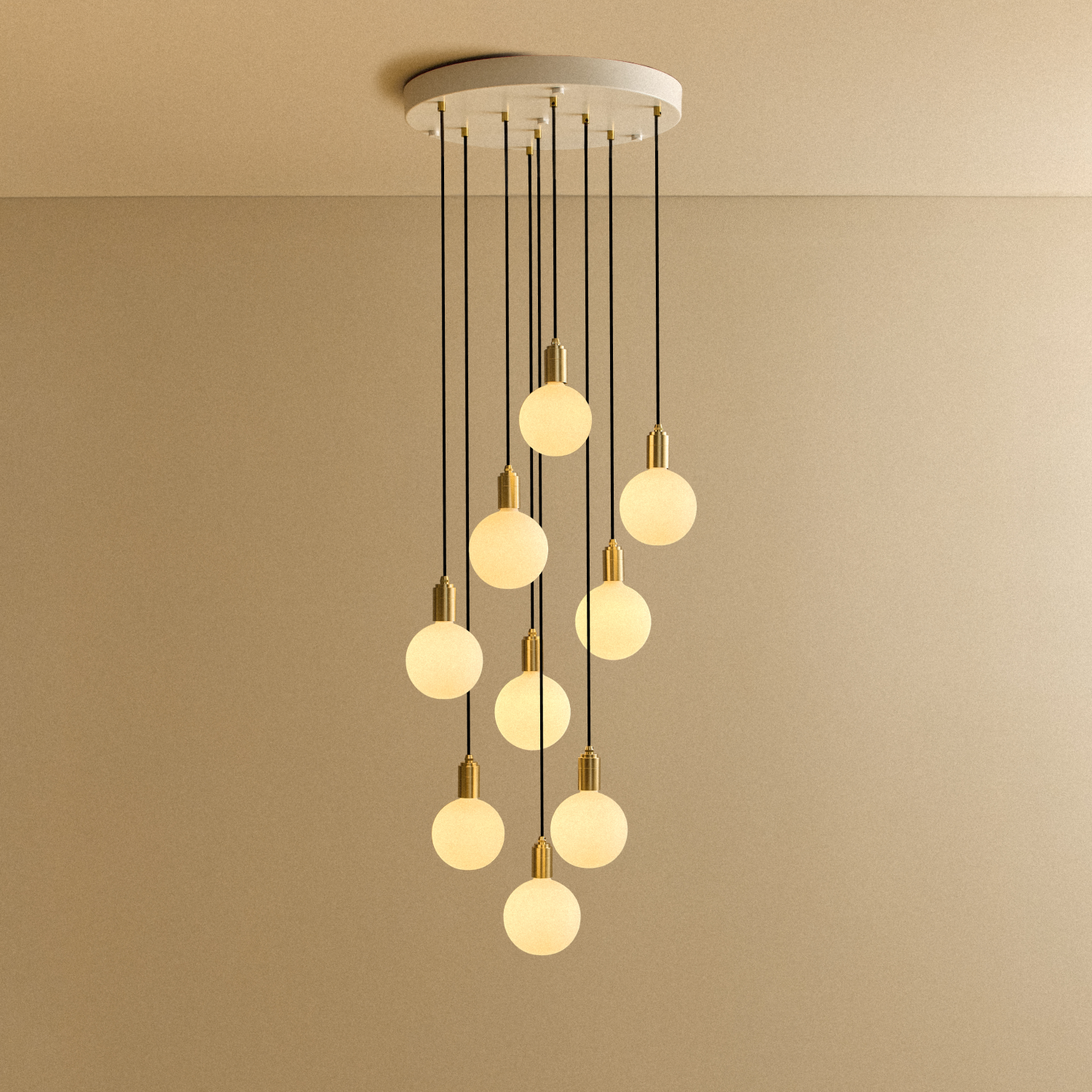 Tala Nine Pendant in Brass with Sphere IV bulbs, lit