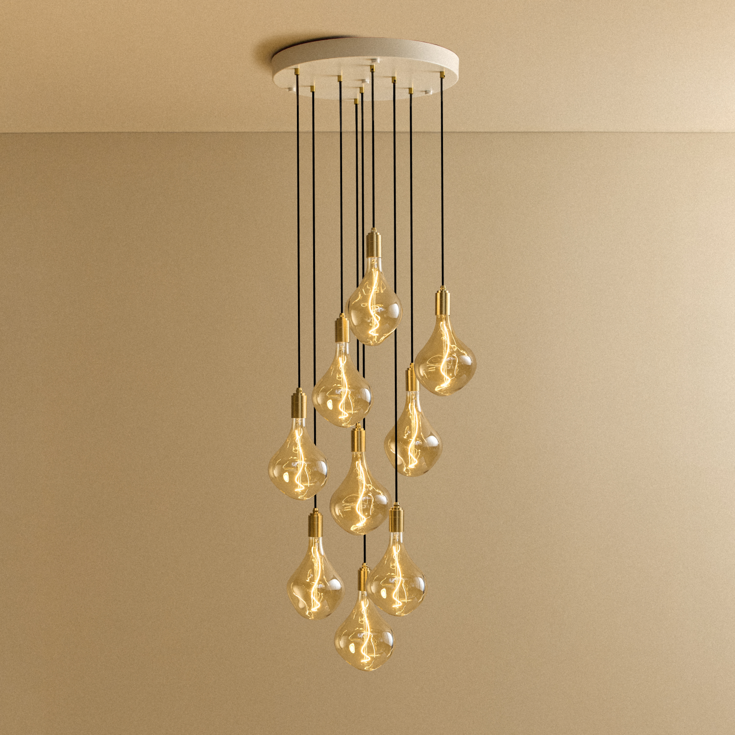 Tala Nine Pendant in Brass with Voronoi II bulbs, lit