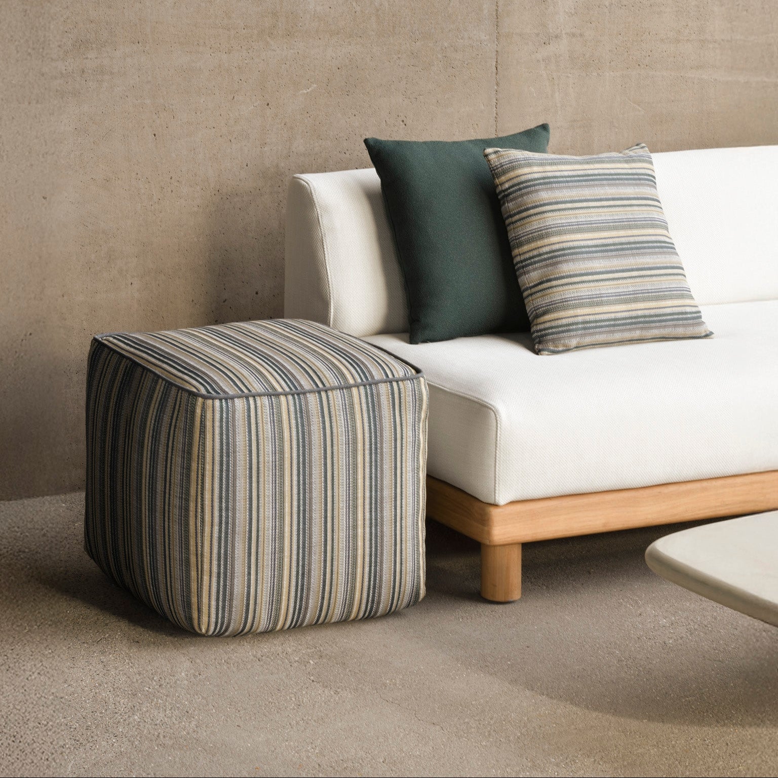 Ethnicraft Zahara Outdoor Pouf with FSC-certified solid wood frame, Belgian design
