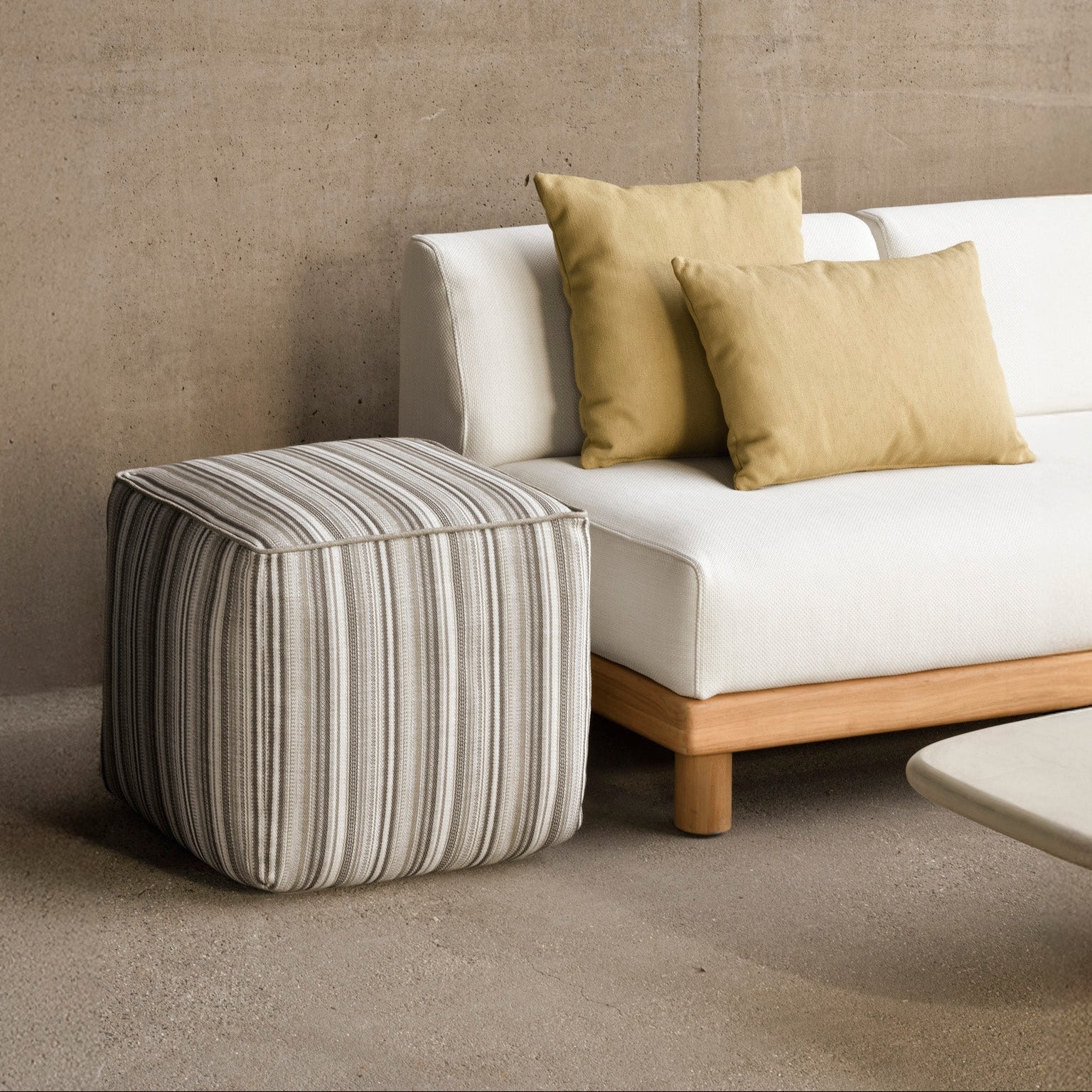 Ethnicraft Zahara Outdoor Pouf with FSC-certified solid wood frame, Belgian design