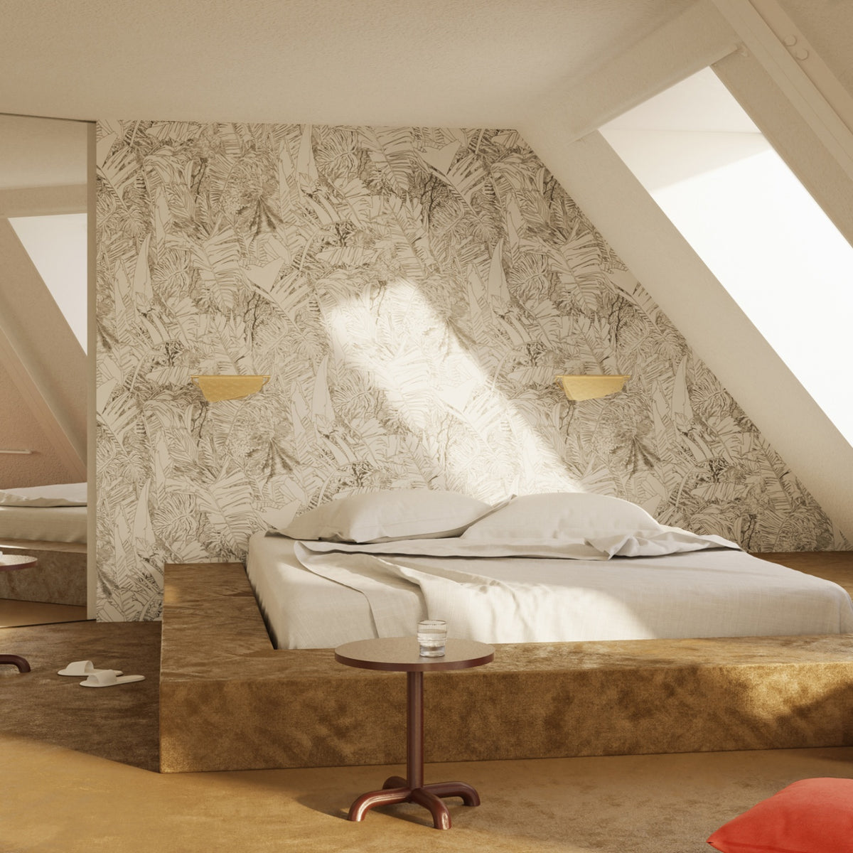 Petite Friture Mediterranea wall lamp in gold in a bedroom with botanical wallpaper