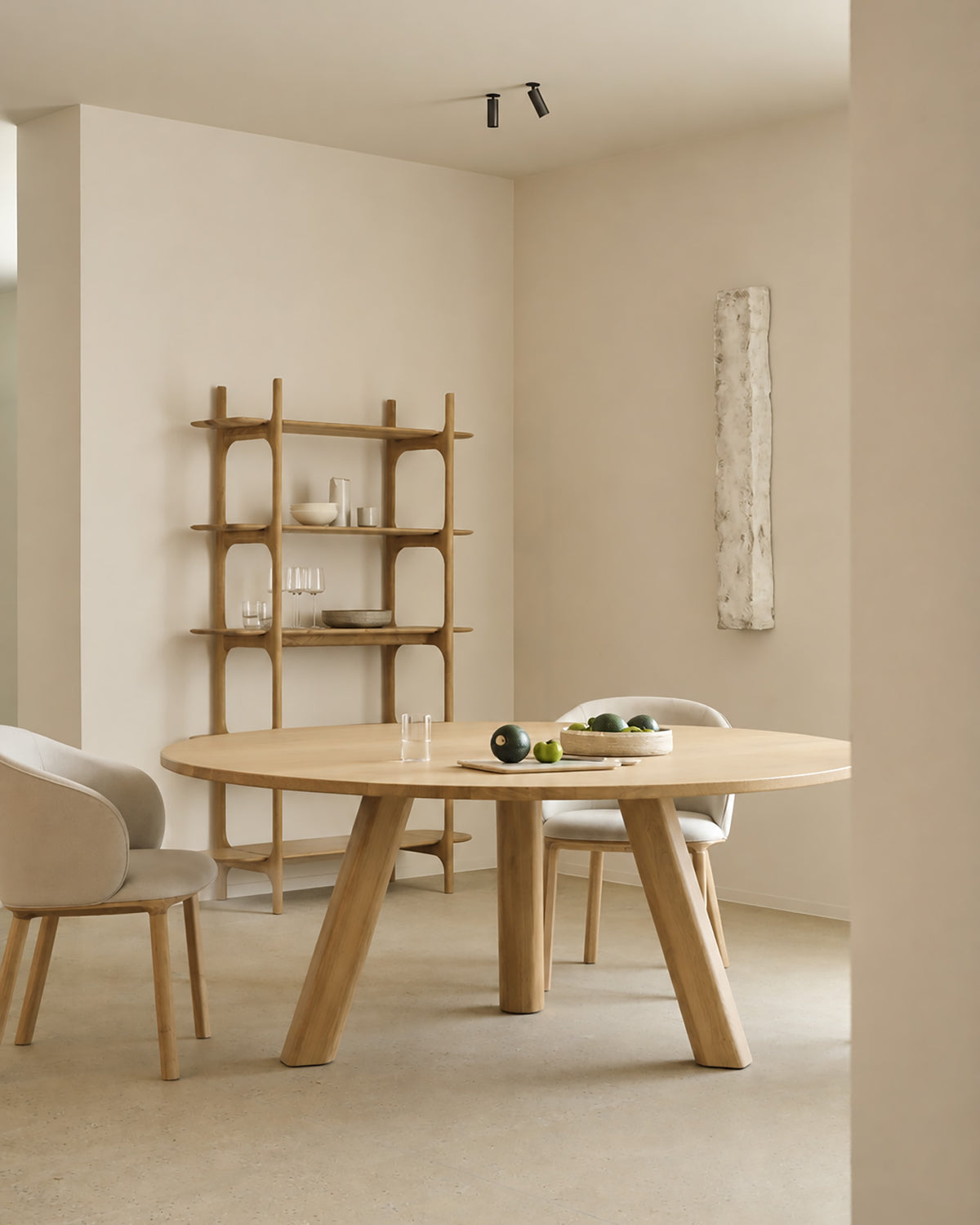 Ethnicraft Unda Dining Table in Oak, styled in an interior setting, solid oak