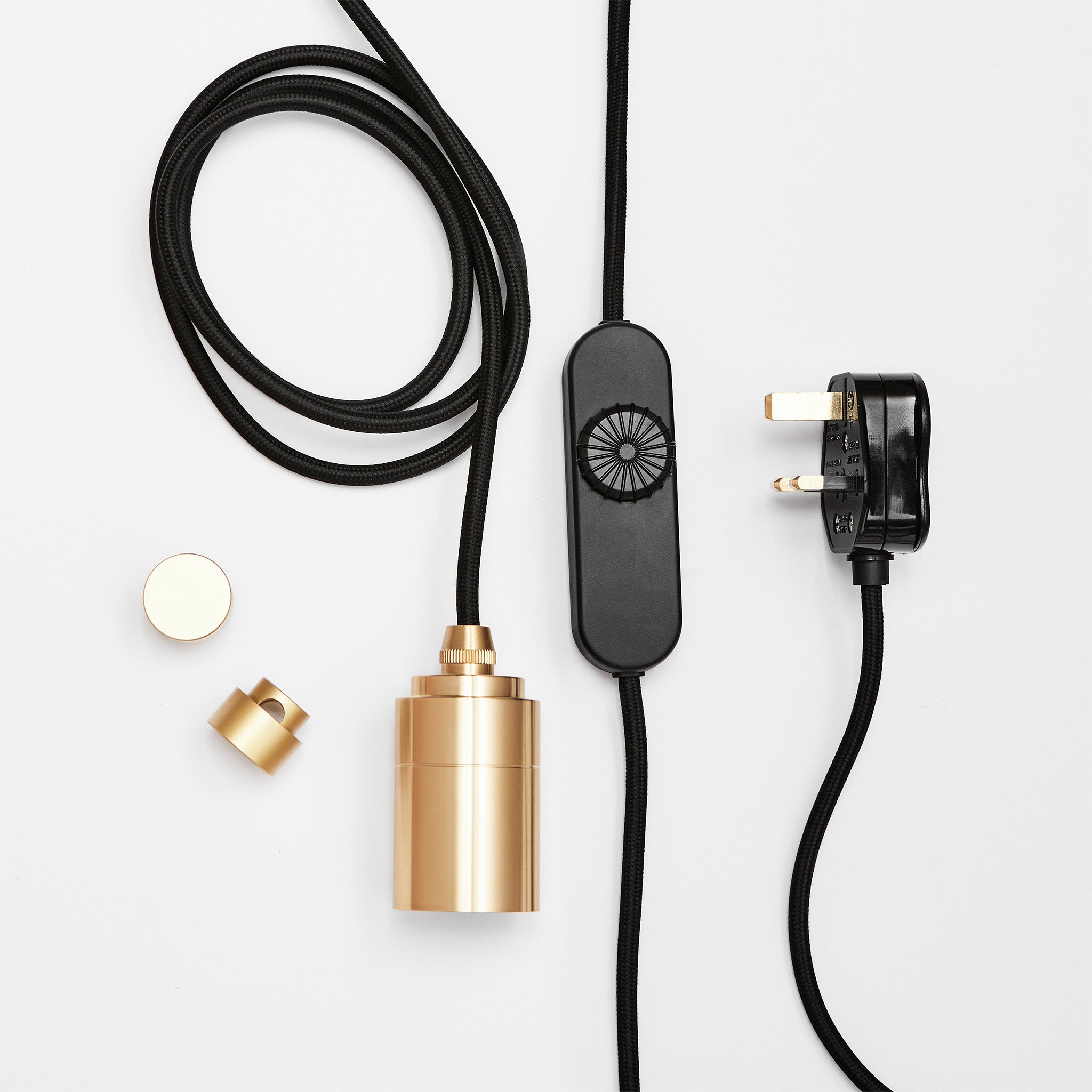 Tala Sphere IV Plug-In Pendant in Brass with accessories, grey background