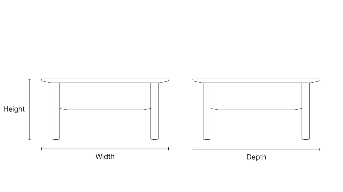 Case Port Square Coffee Table line drawing, front and side views, marking height, width and depth