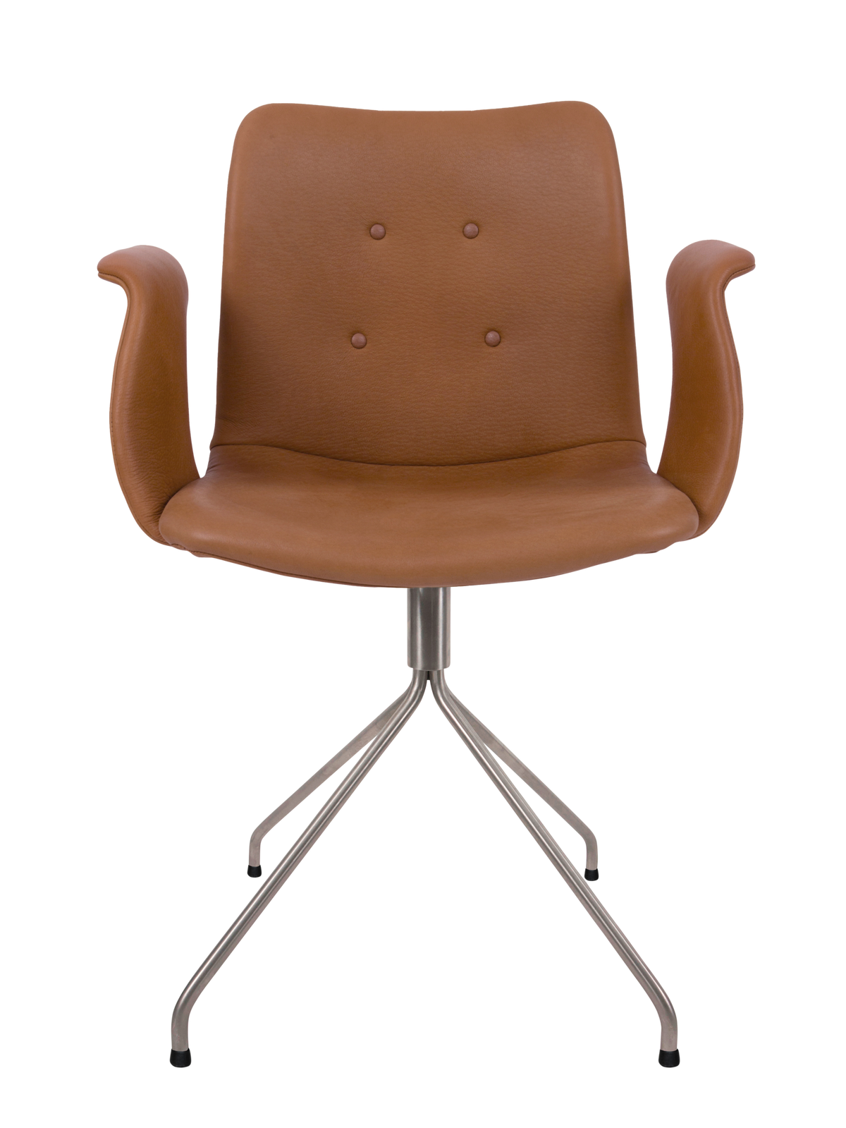 Bent Hansen Primum Swivel Dining Chair with Arms in cognac leather, stainless steel base, stainless steel and leather