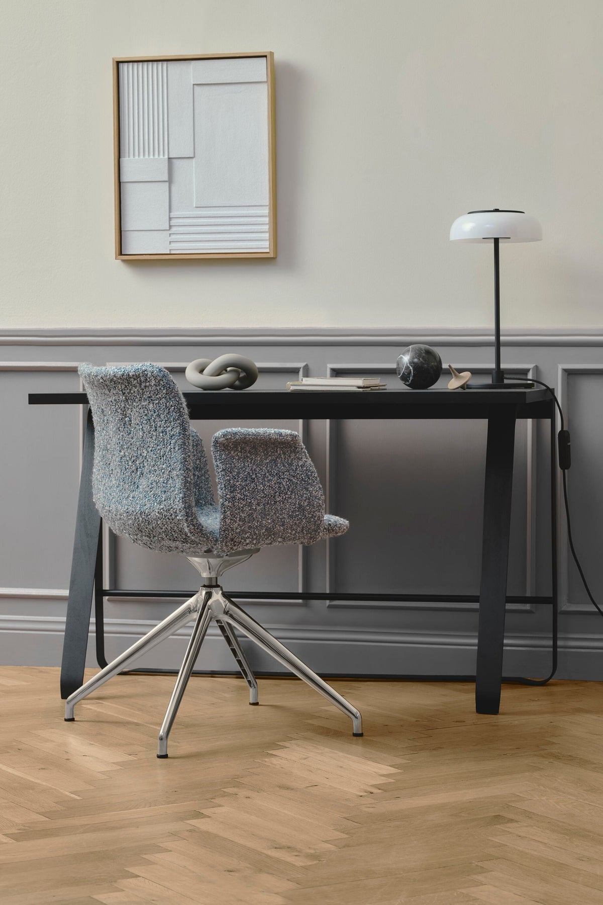Bent Hansen Hemingway Desk in black linoleum, black legs, styled in an interior setting, beech and steel