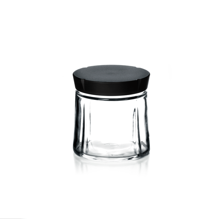 Rosendahl Grand Cru Storage Jar in glass with steel lid, designed by Erik Bagger, Danish design heritage.