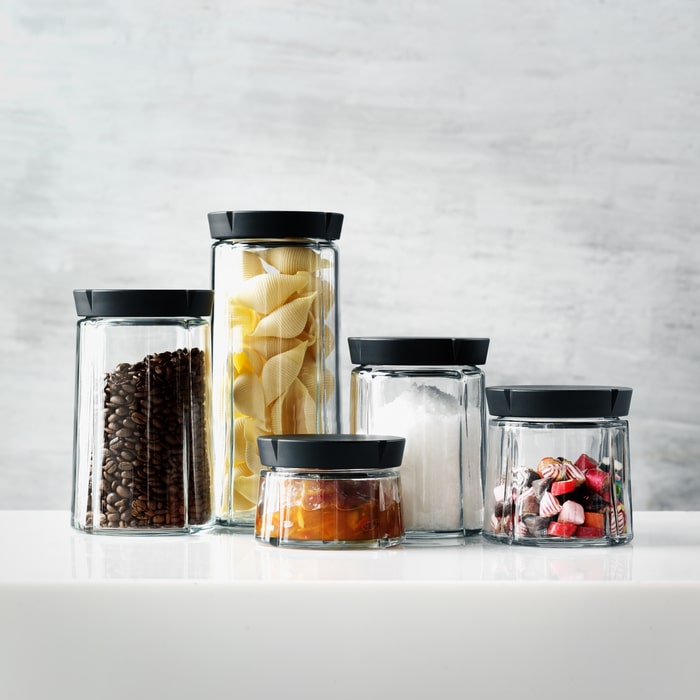 Rosendahl Grand Cru Storage Jar in glass with steel lid, designed by Erik Bagger, Danish design heritage.