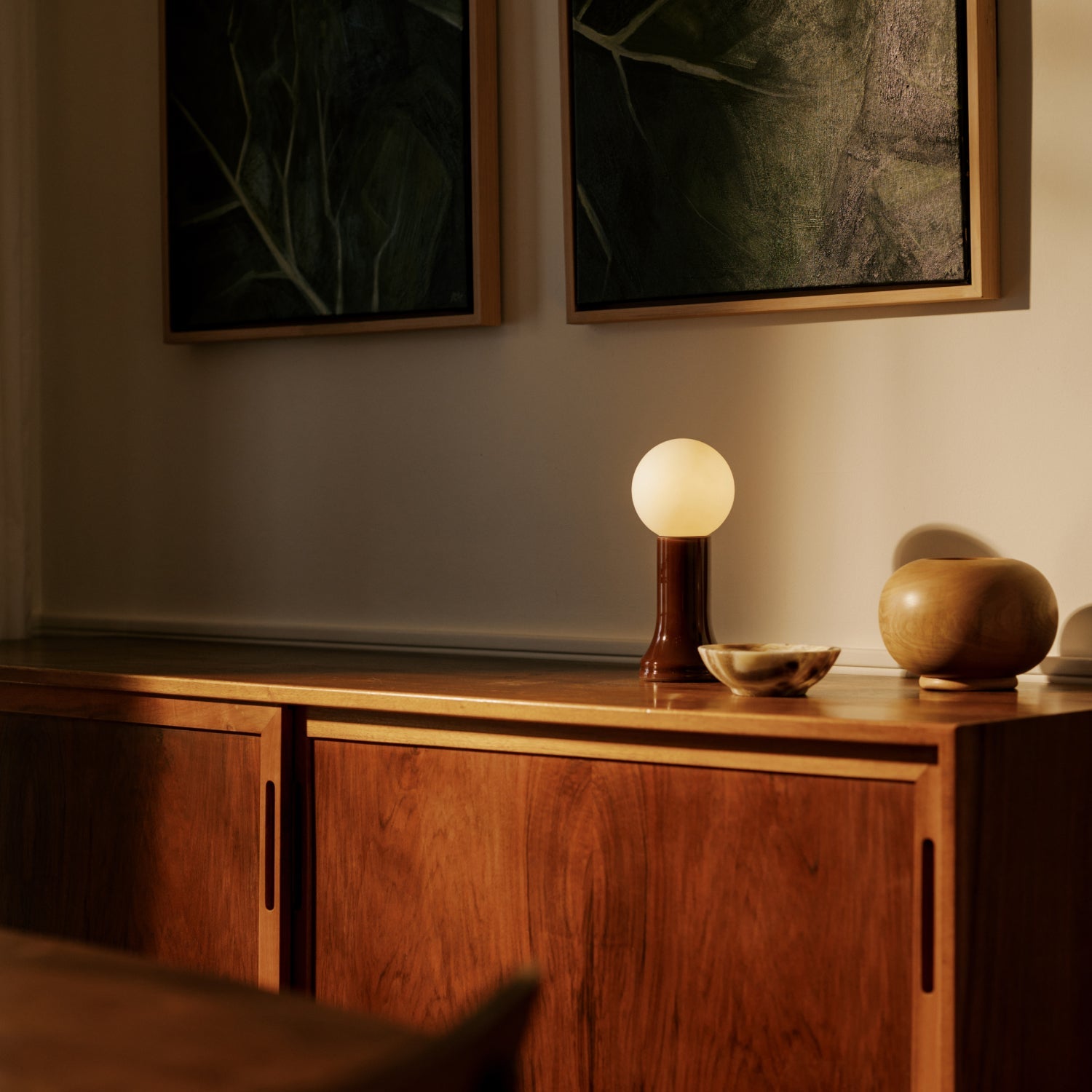 Tala Shore Table Lamp in Bottle Brown — mouth-blown glass table lamp (detail)