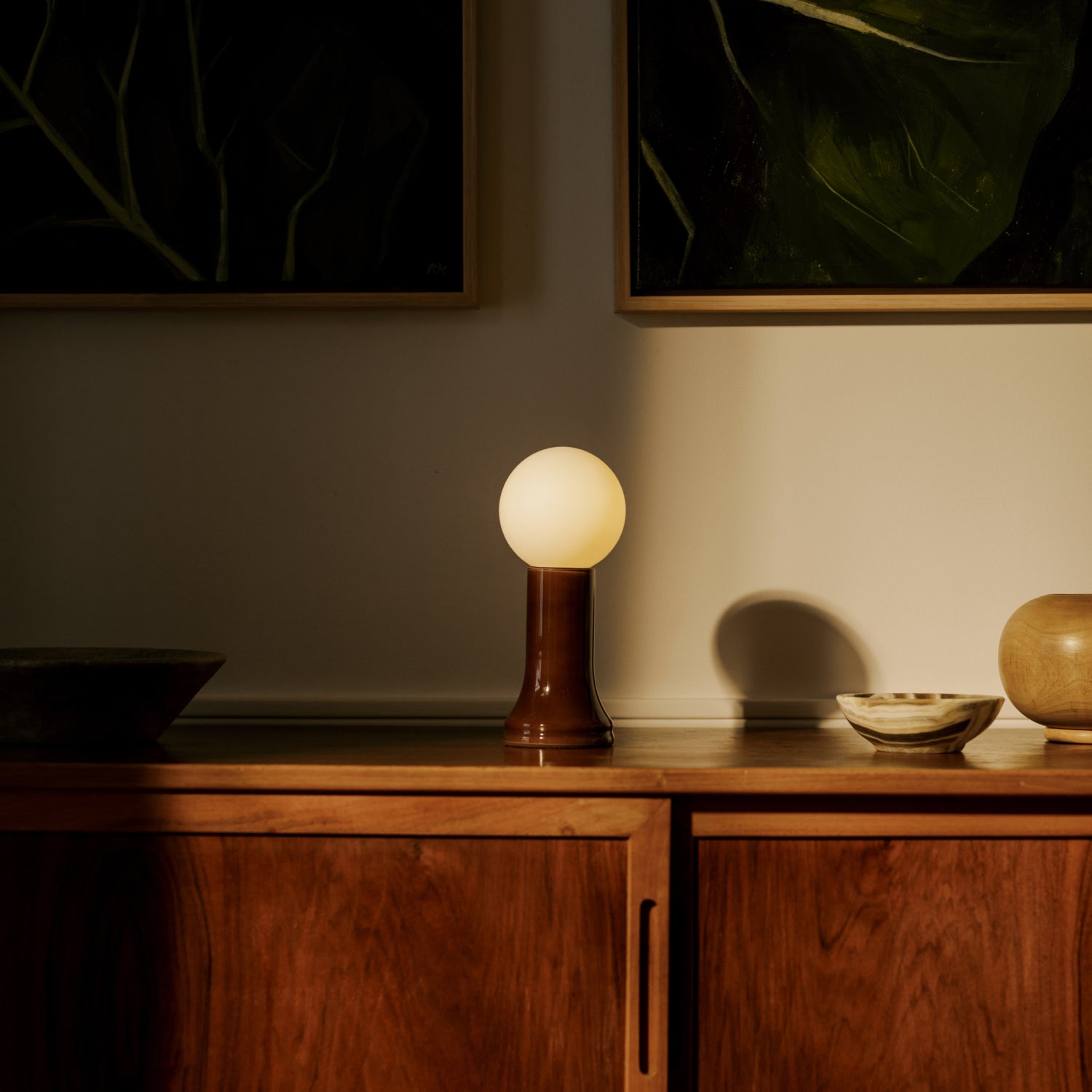 Tala Shore Table Lamp in Bottle Brown — mouth-blown glass table lamp (close-up)