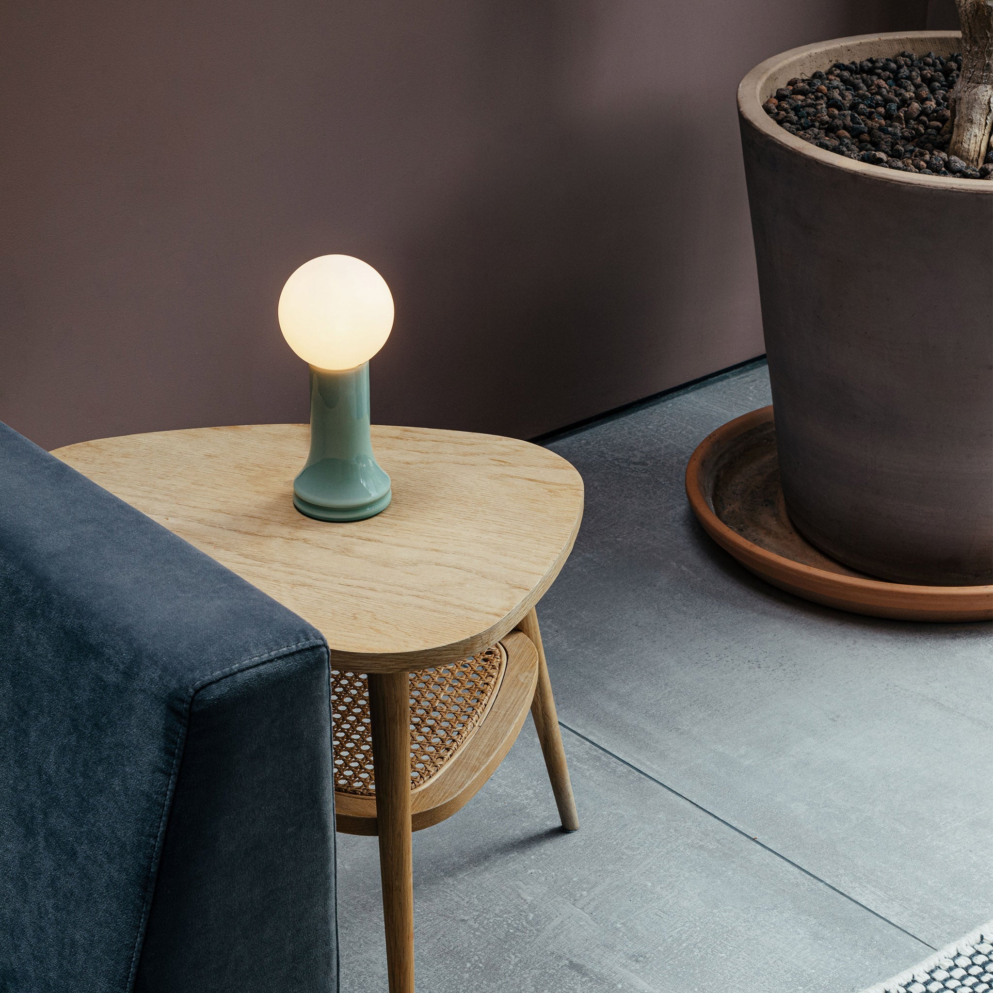 Tala Shore Table Lamp in Sea Green — mouth-blown glass table lamp (base detail)