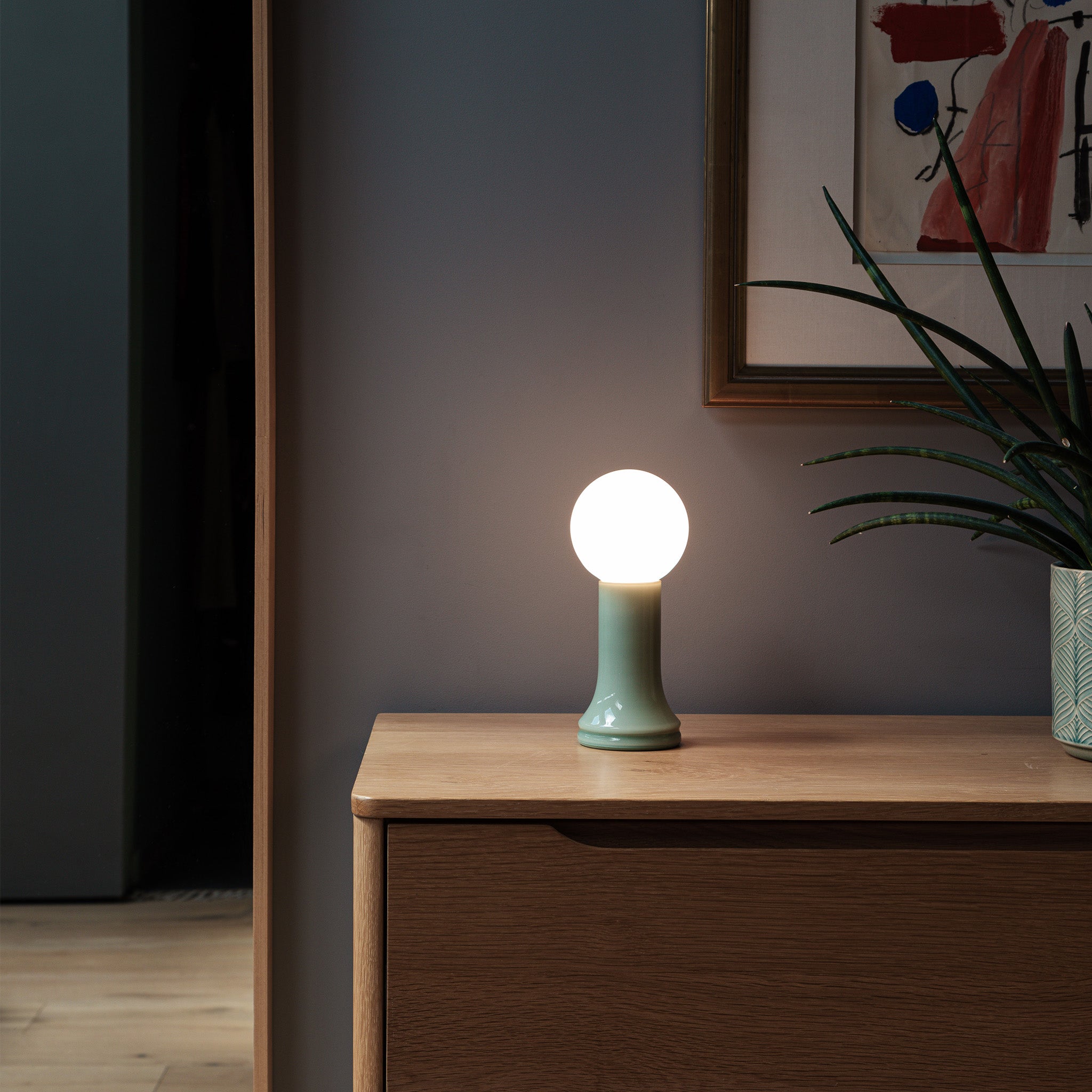 Tala Shore Table Lamp in Sea Green — mouth-blown glass table lamp (close-up)