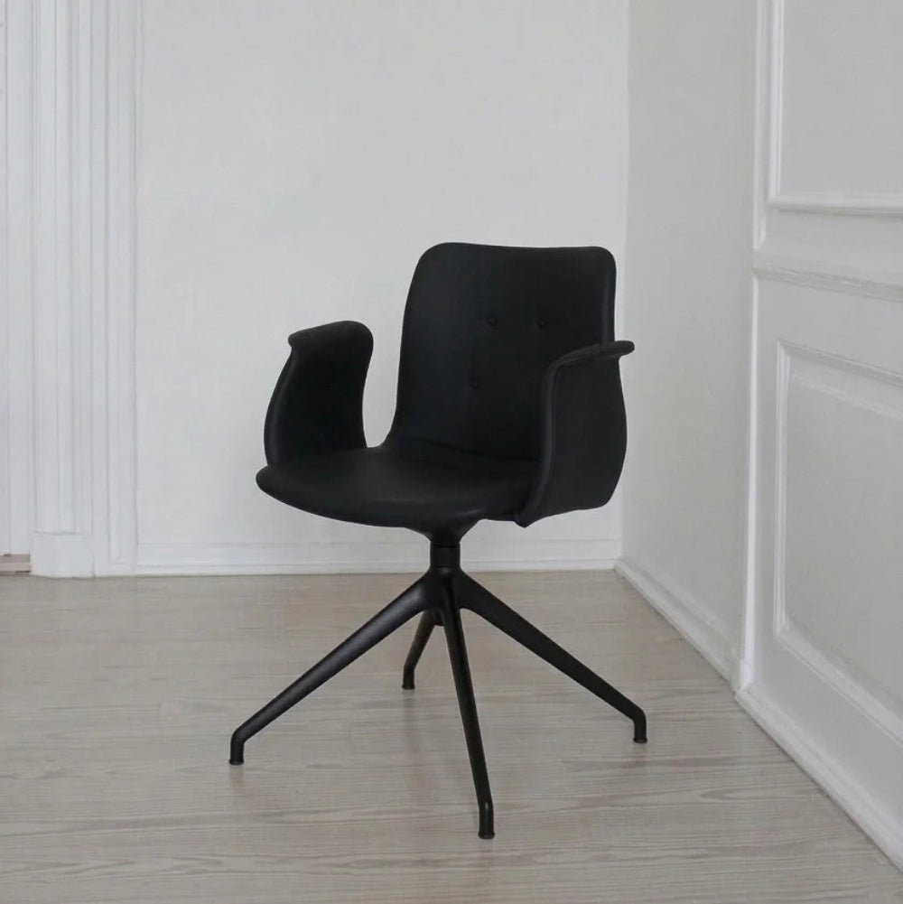 Primum Swivel Dining Chair with Arms - Black Leather, Black Steel Base