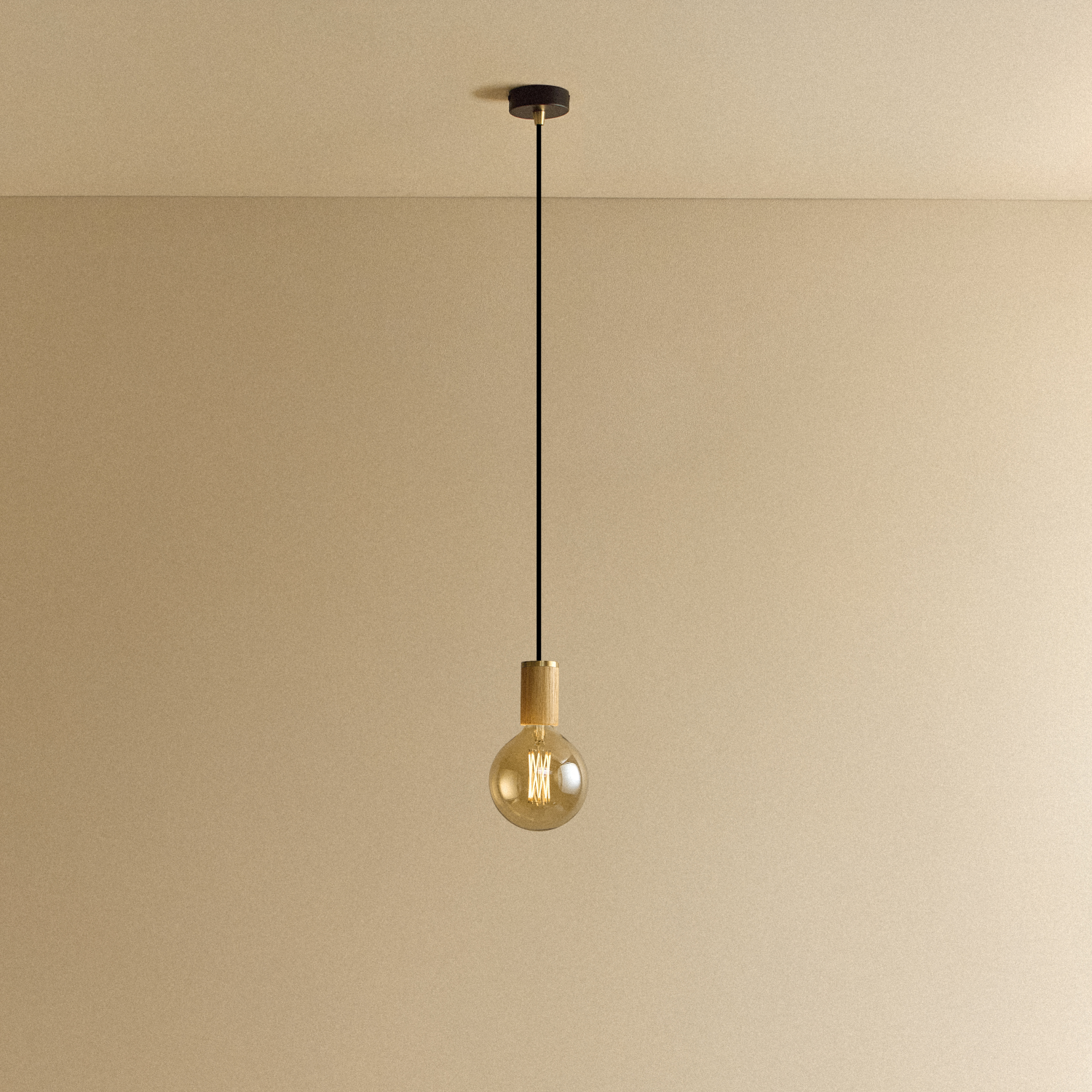 Gaia Pendant Light in Oak, illuminated