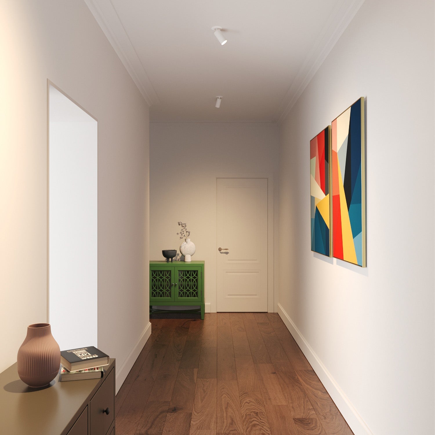Core Recessed Spotlight in White, illuminated angled beam
