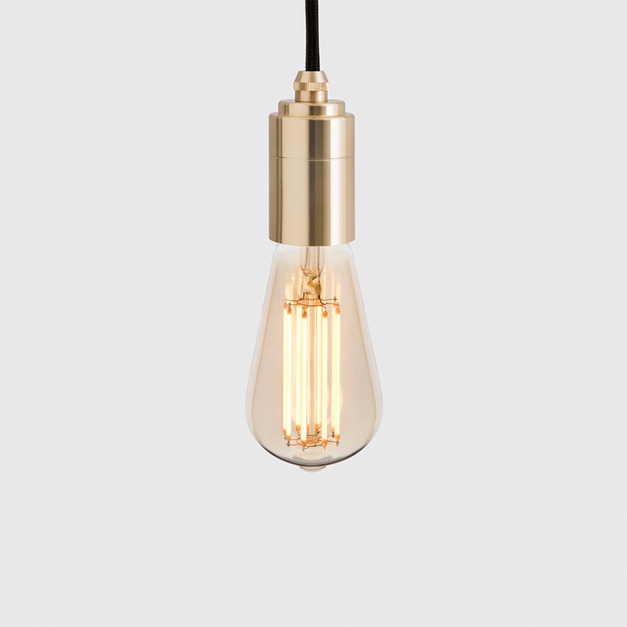 Tala Squirrel Cage Plug-In Pendant in Brass — detail view, bulb on