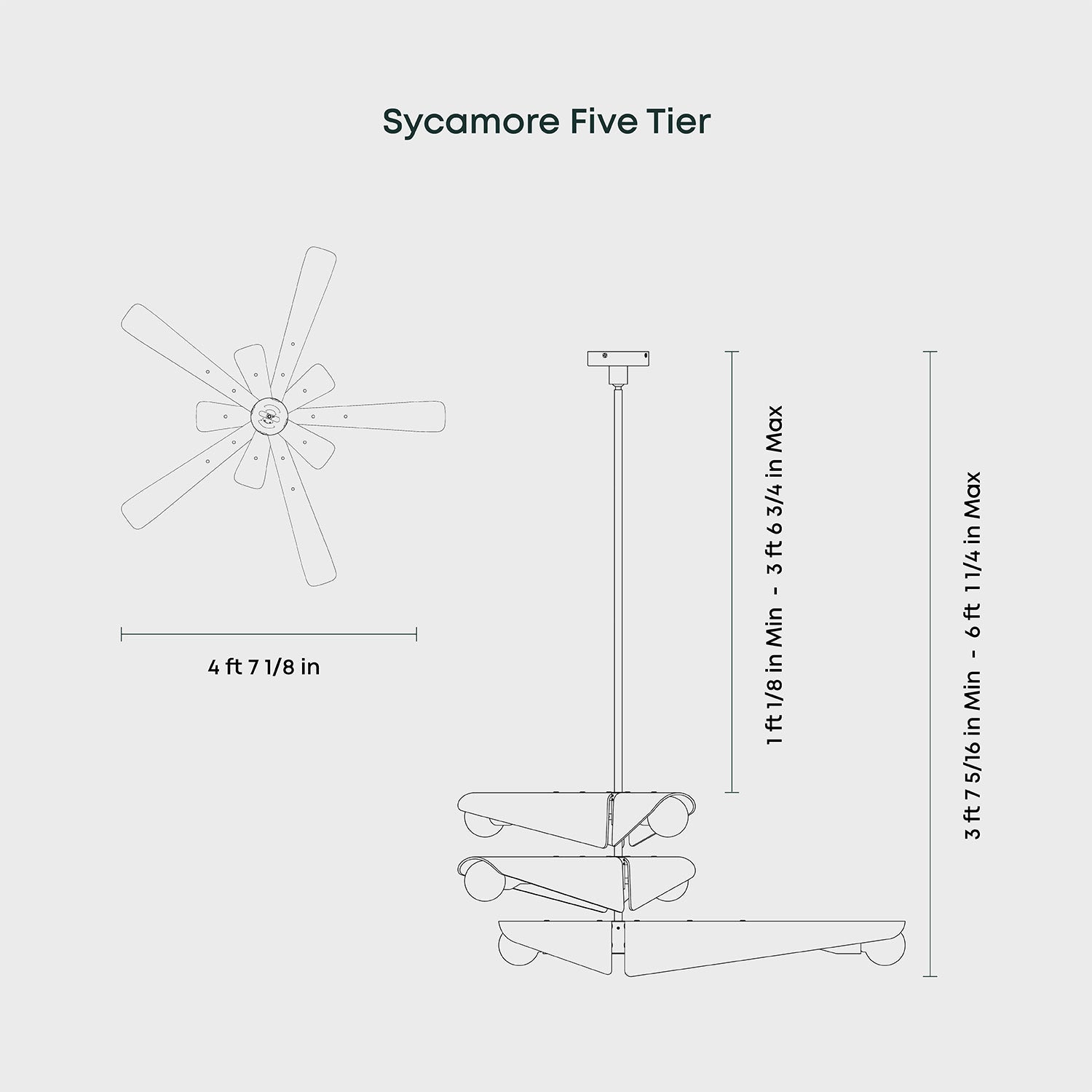 Tala Sycamore Chandelier 5 Tiers, dimensions diagram