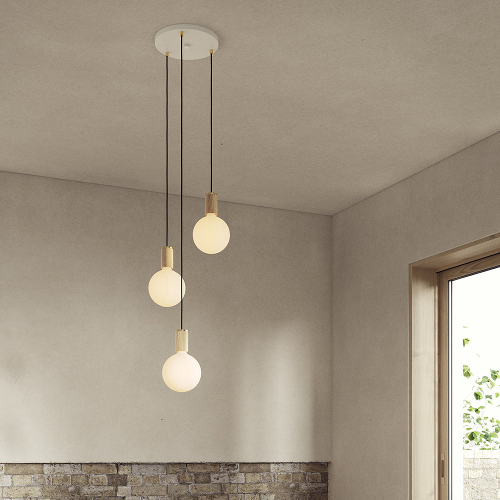 Tala Triple Pendant in Oak, white canopy — lifestyle alternate