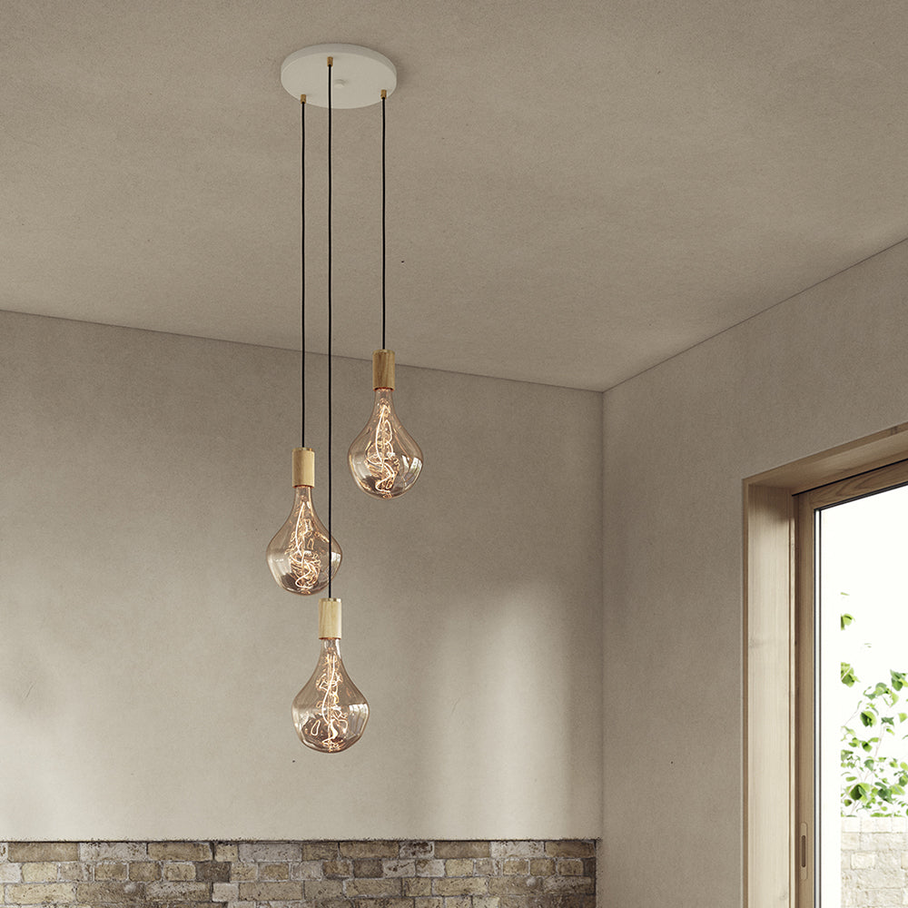 Tala Triple Pendant in Oak, white canopy — lifestyle