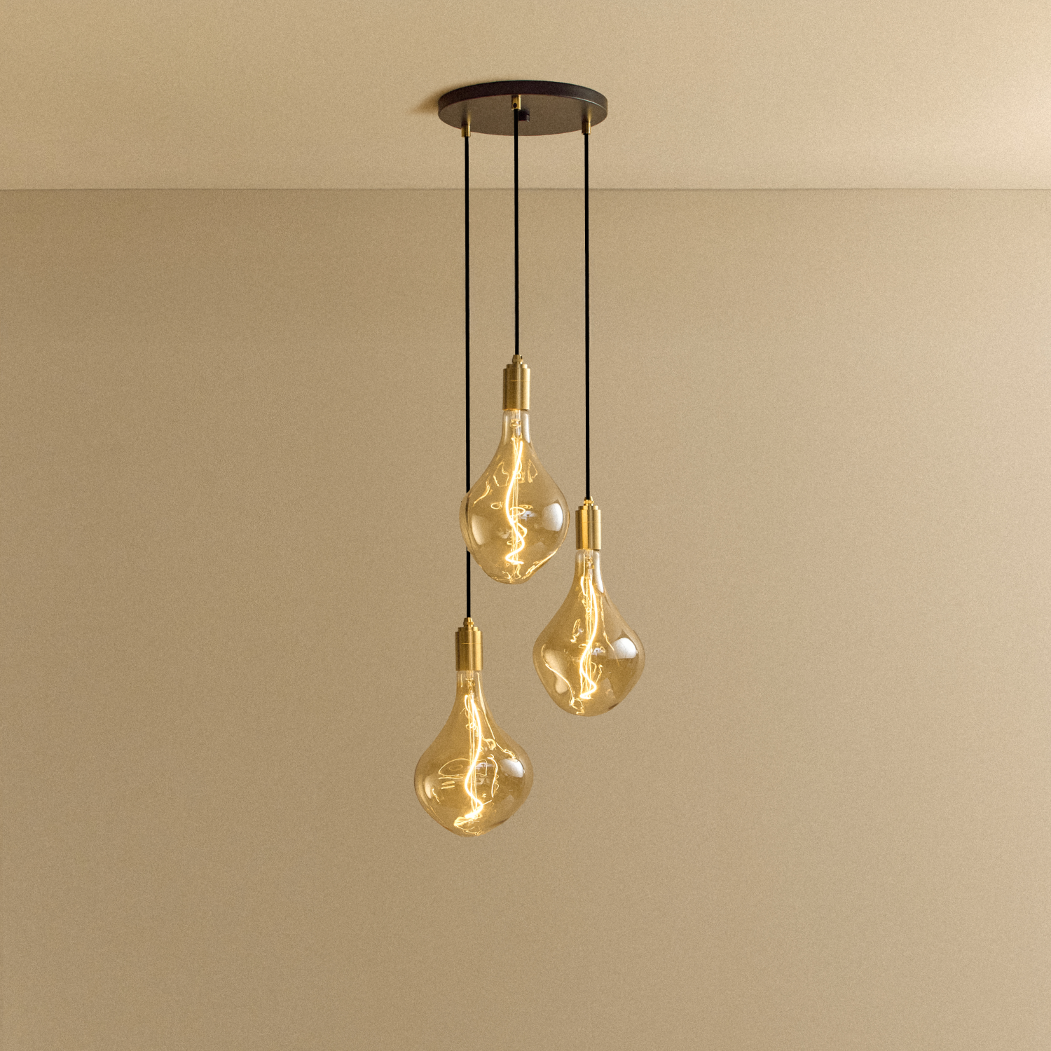 Tala Triple Pendant in Brass with Voronoi II bulbs — brass and steel pendant light