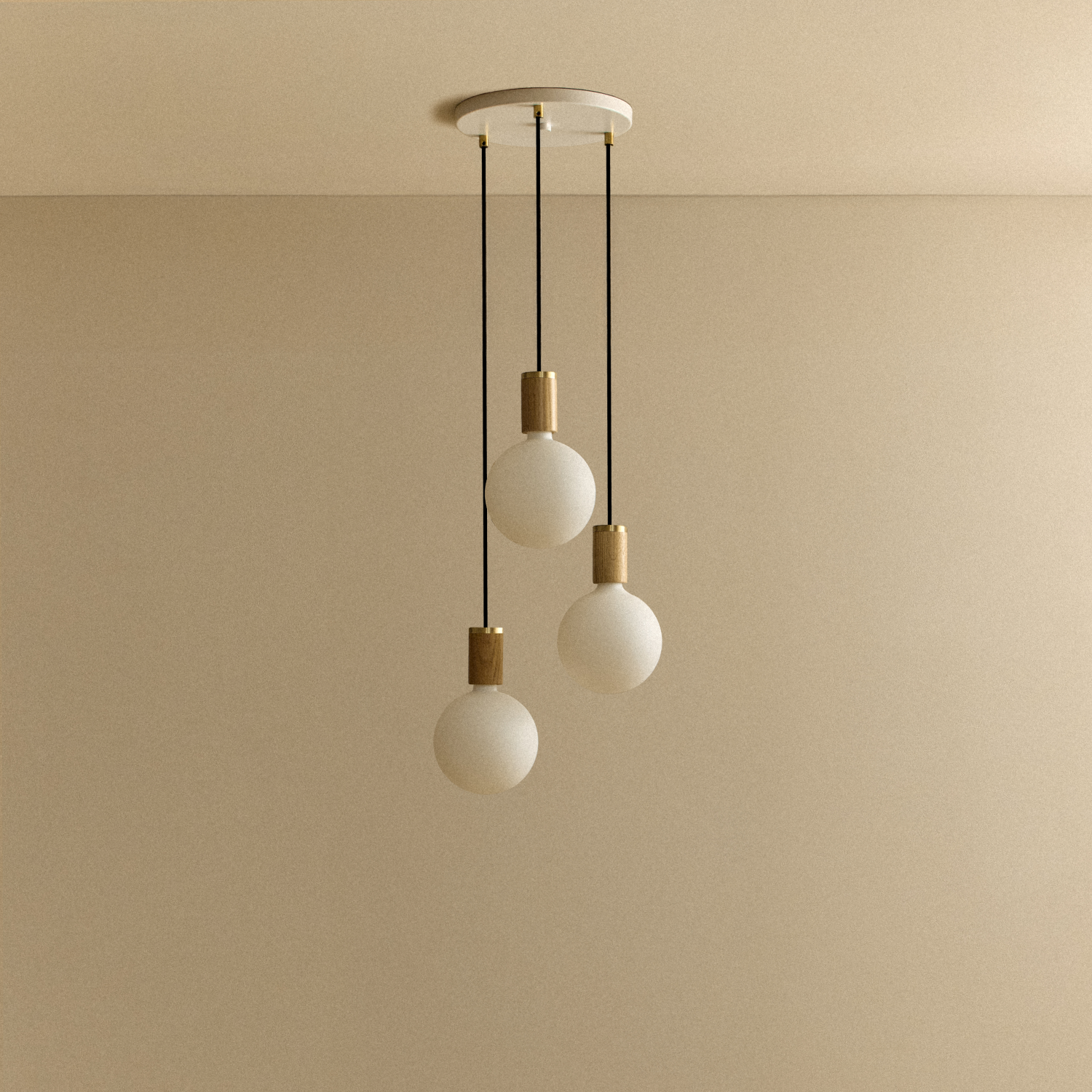 Tala Triple Pendant in Oak, Sphere IV bulb off