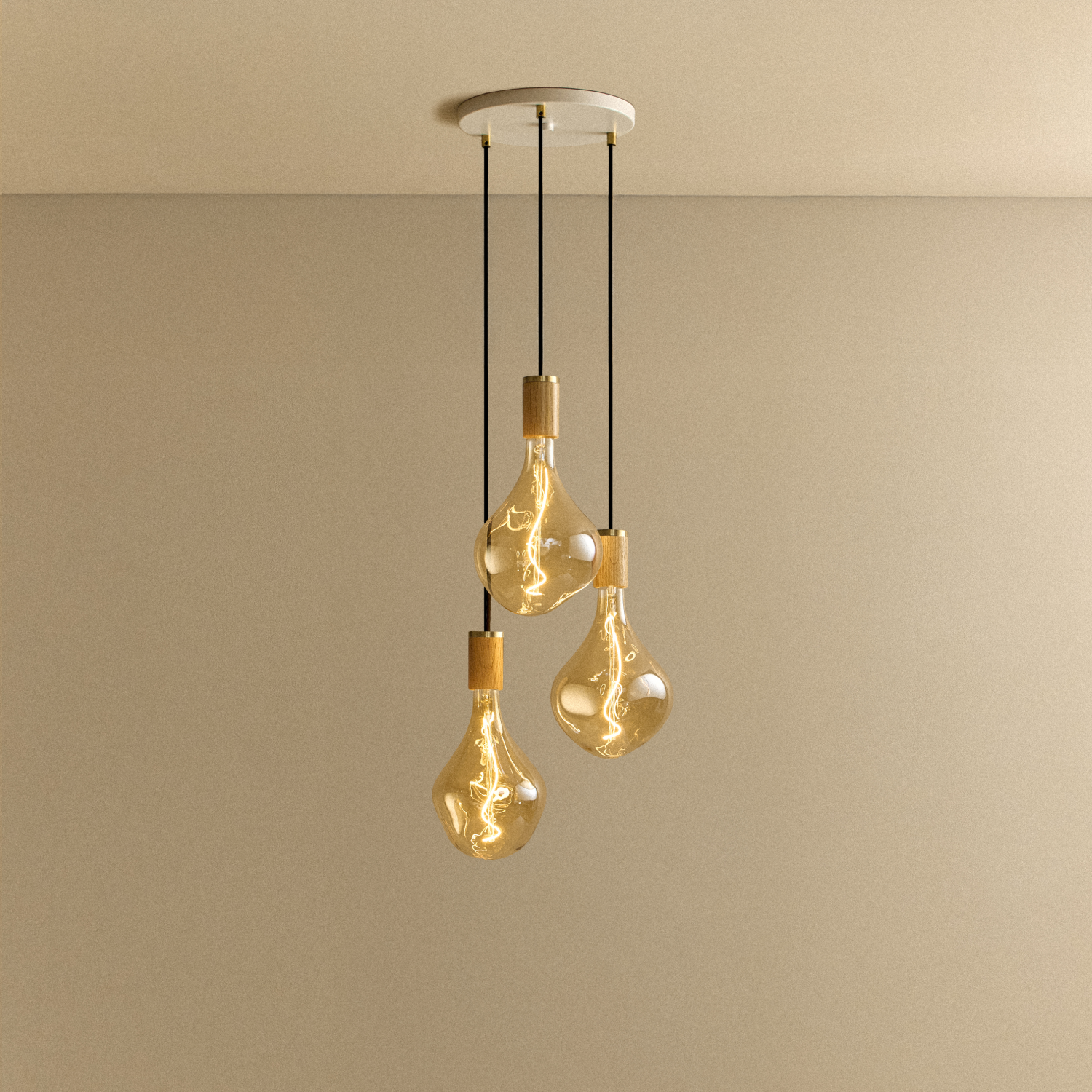 Tala Triple Pendant in Oak with Voronoi II bulbs — oak and brass pendant light
