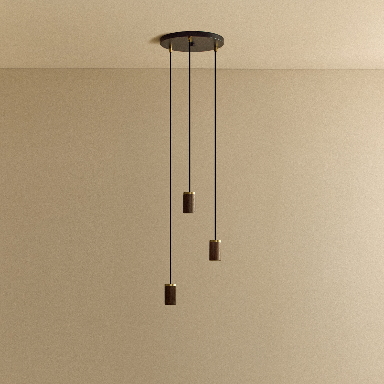 Tala Triple Pendant in Walnut — walnut and brass ceiling pendant