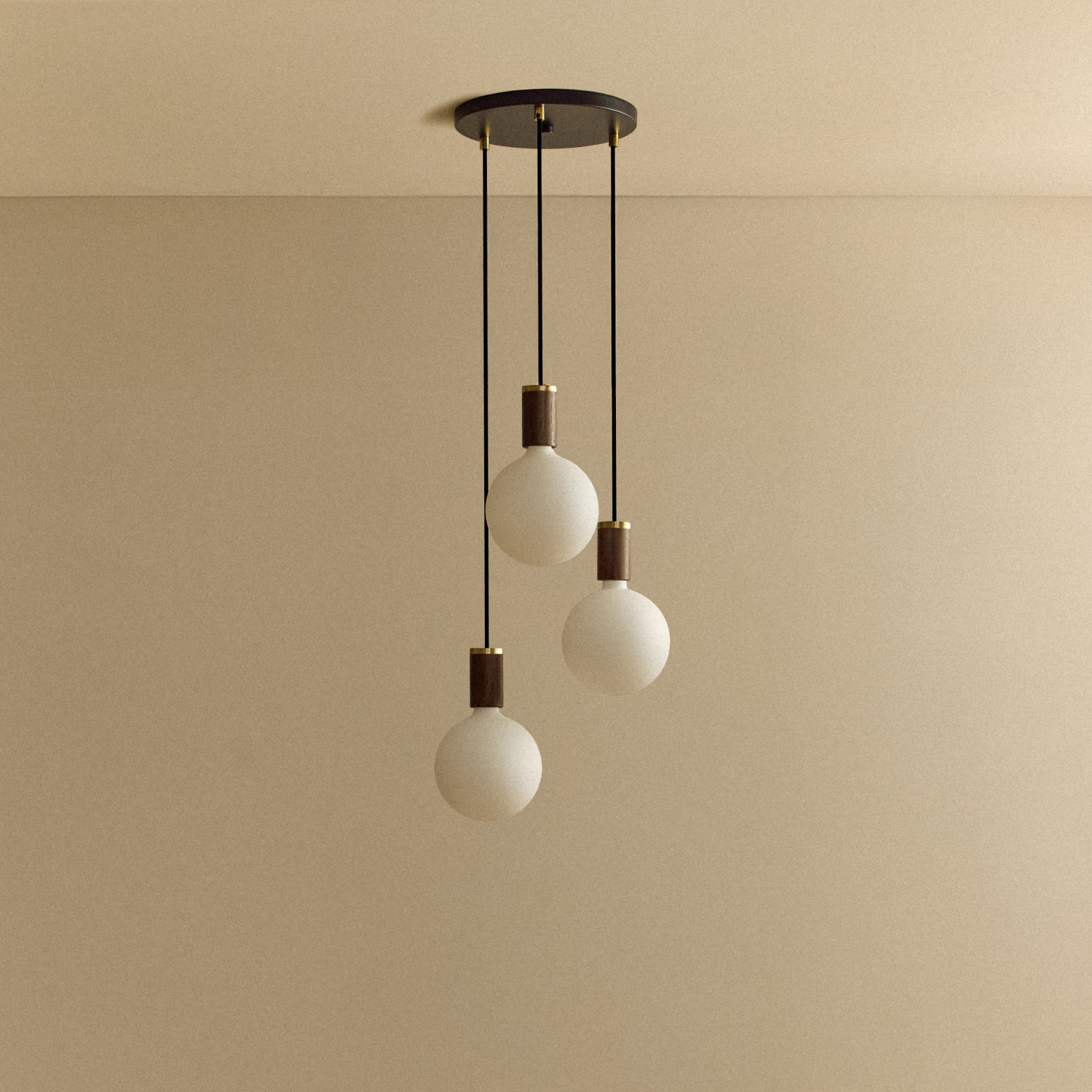 Tala Triple Pendant in Walnut, Sphere IV bulb off