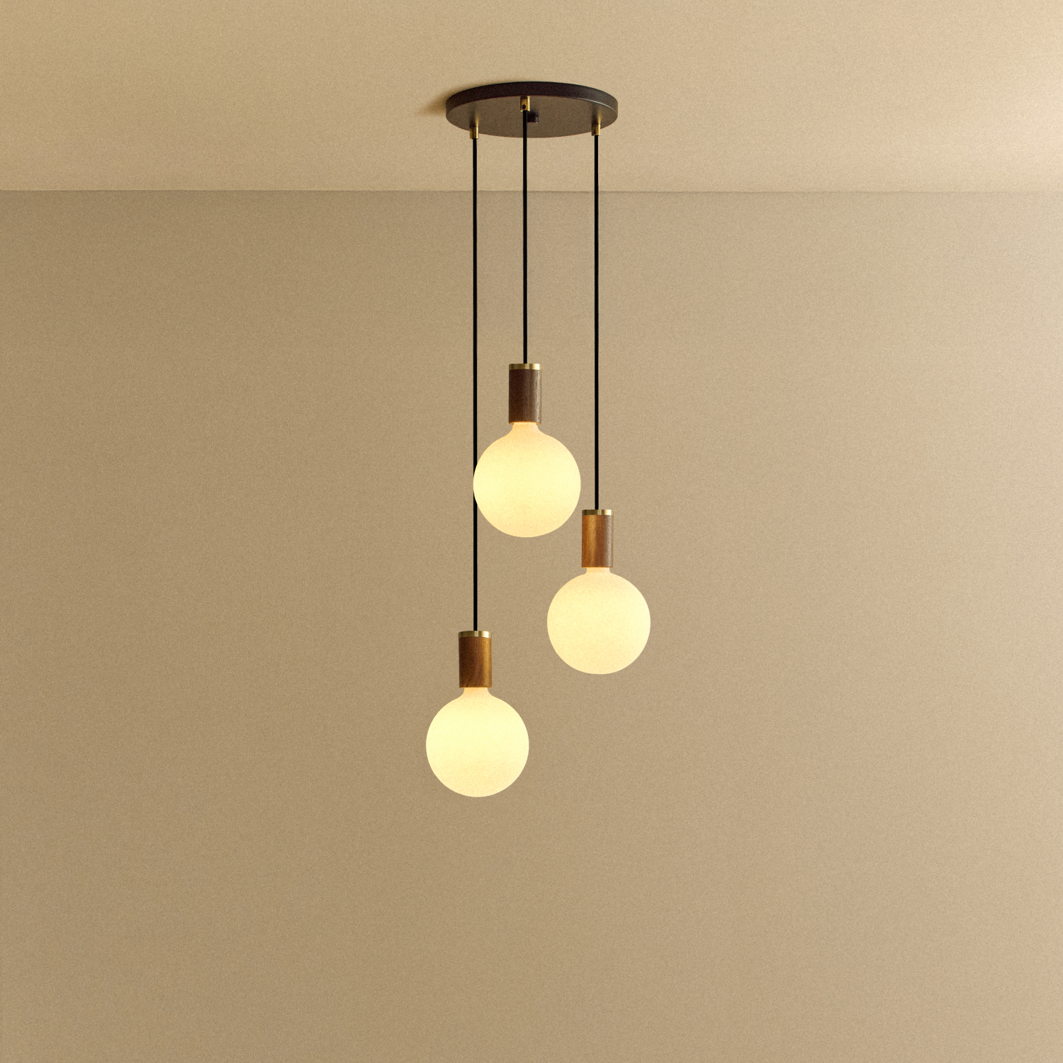 Tala Triple Pendant in Walnut with Sphere IV bulbs — walnut and brass pendant light