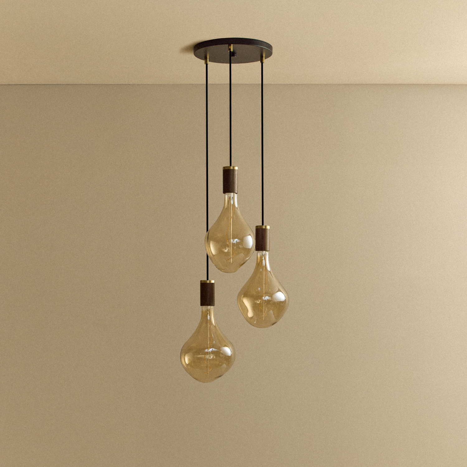 Tala Triple Pendant in Walnut, Voronoi II bulb off