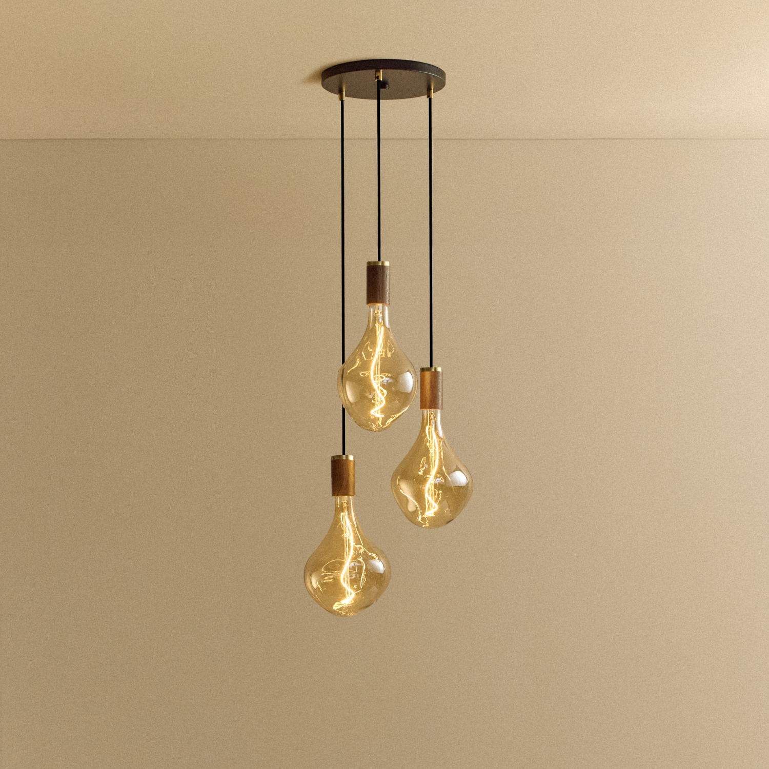 Tala Triple Pendant in Walnut with Voronoi II bulbs — walnut and brass pendant light